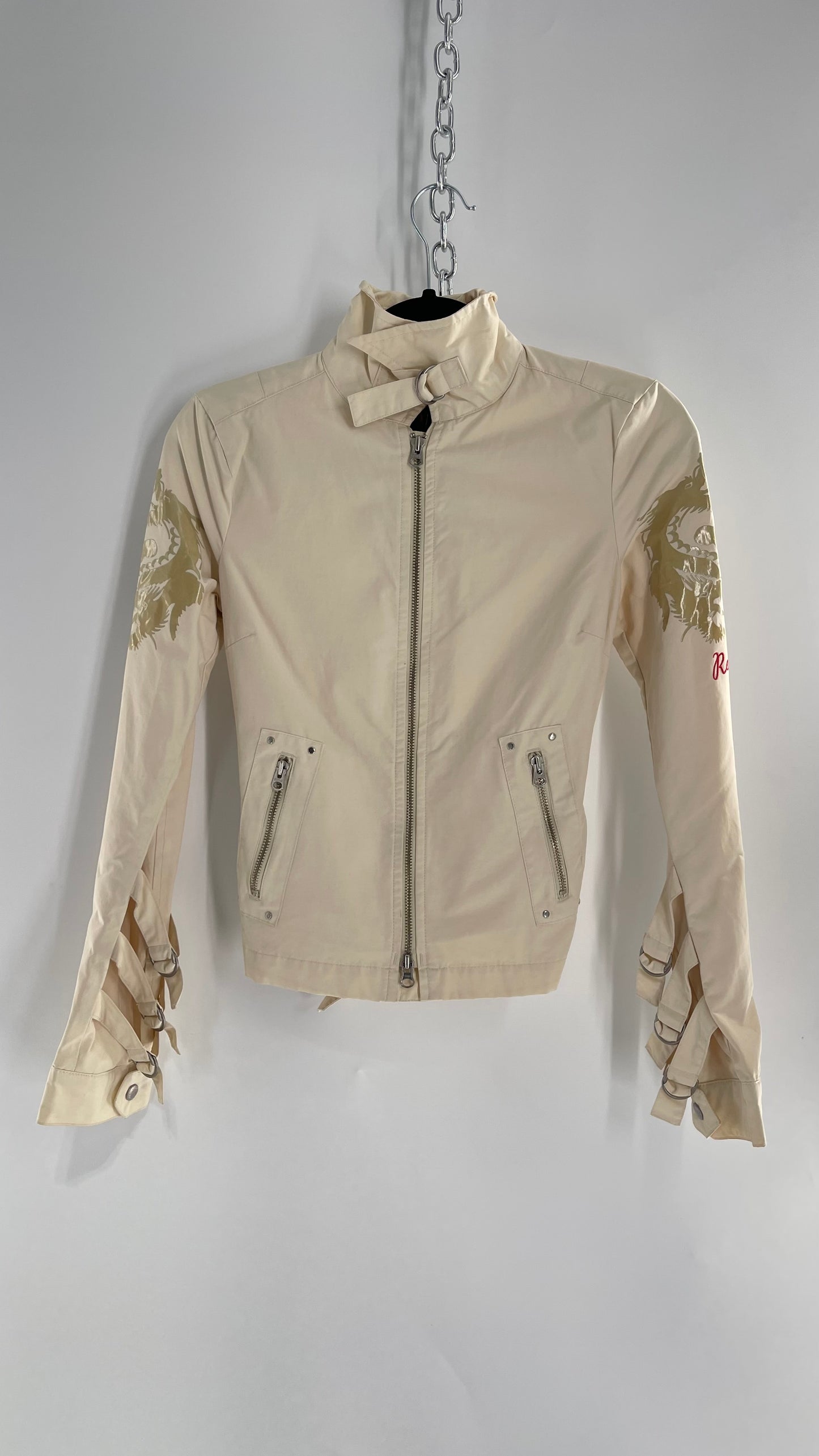 Vintage REPLAY Beige 1990s Italian Moto Jacket with Embossed Buttons, Buckle Cuffs, Dragon Graphic and Neck Strap (XS)