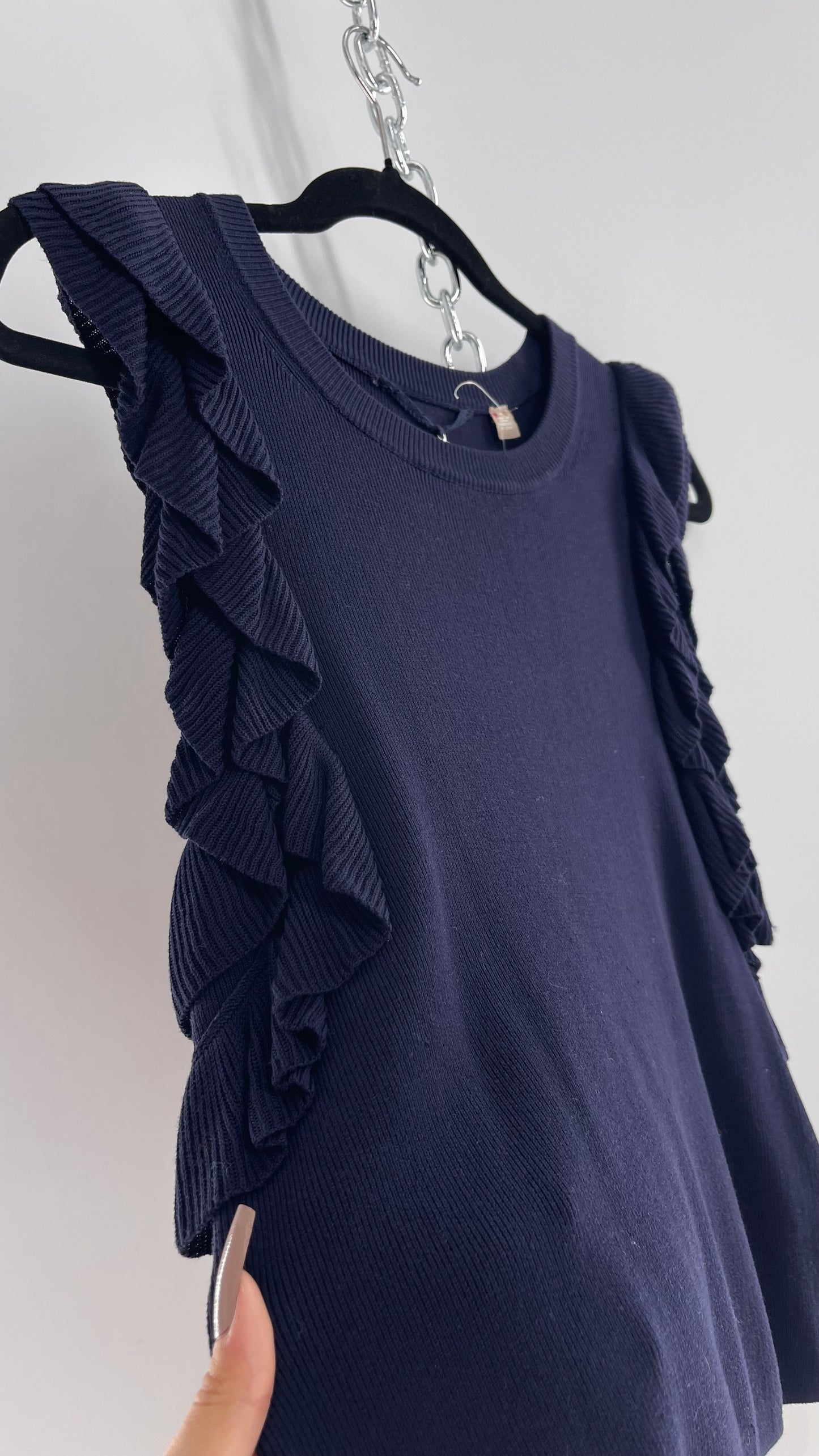 Anthropologie Knitted & Knotted Navy Ruffled Arm Sleeveless Blouse (Small)