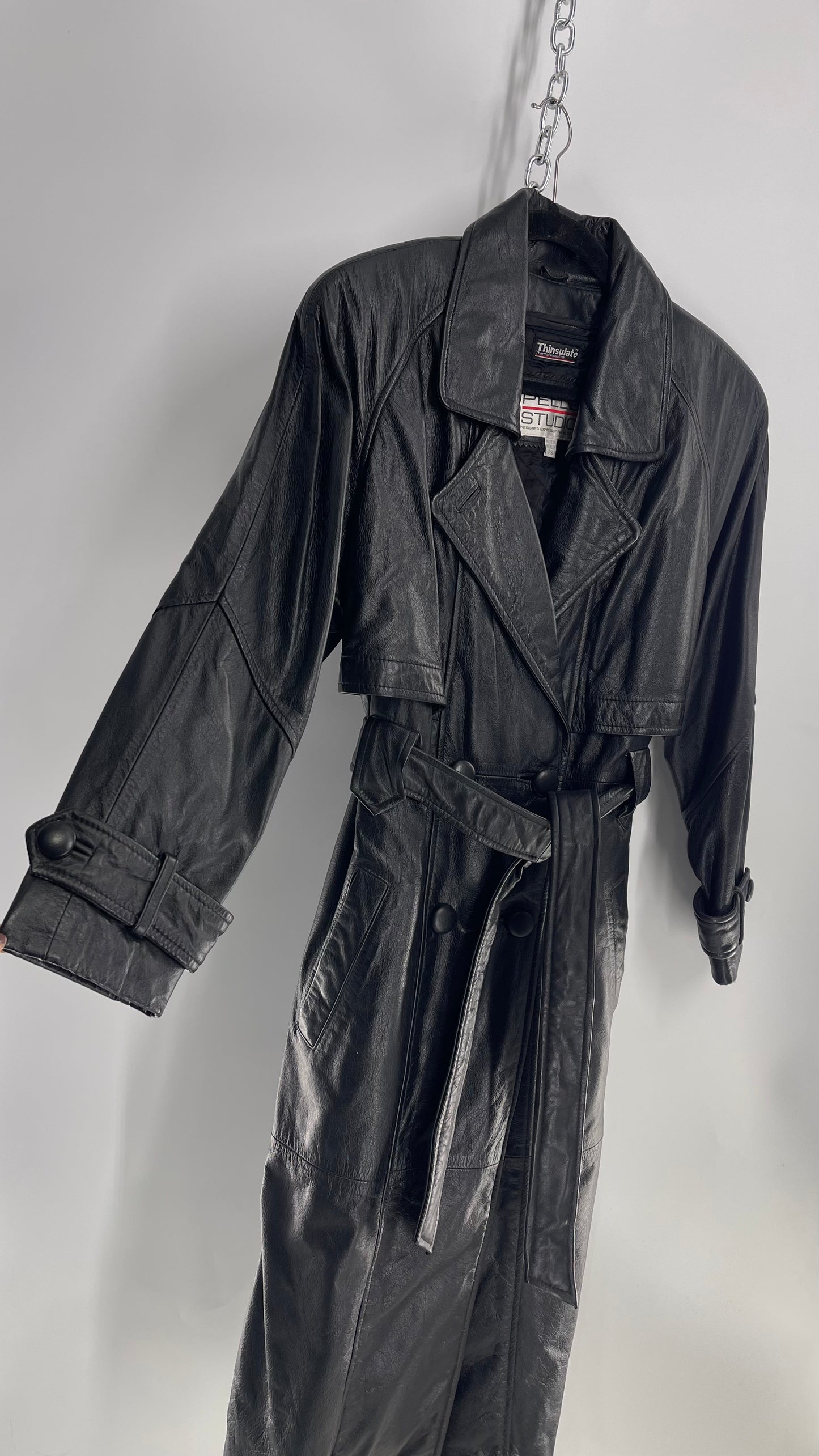 Vintage PELLE STUDIO Thinsulate Black Leather Trench with Removable Lining (Small)