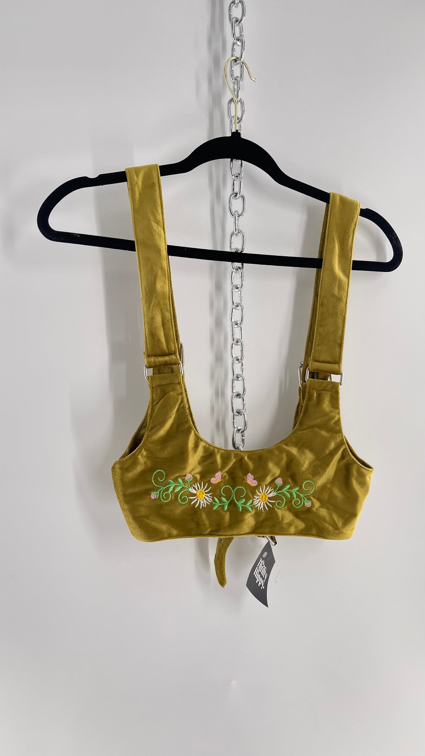 Urban Outfitters Greenish Gold Velour Body Harness with Embroidered Daisies and Butterflies (Large)