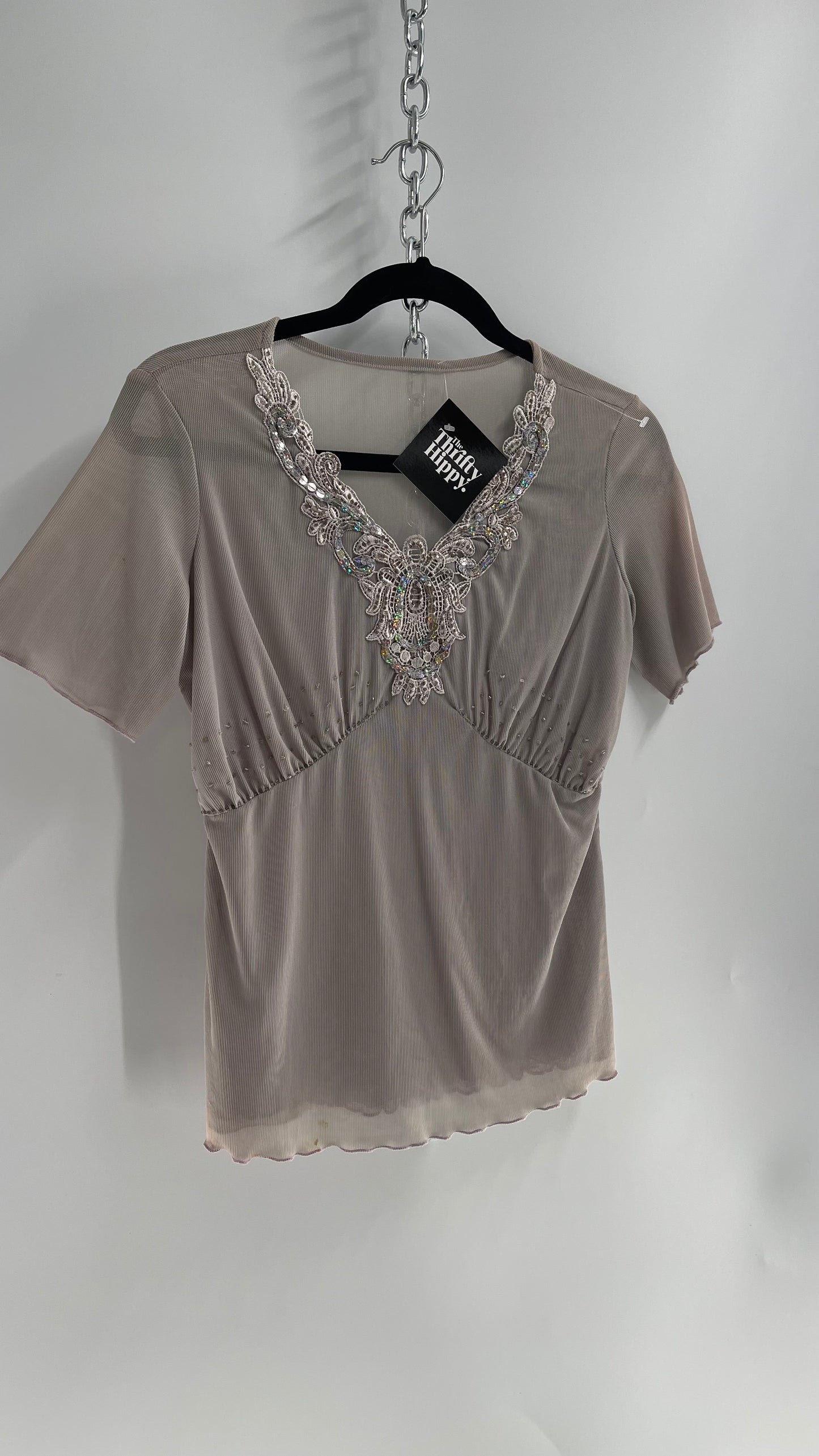 Vintage 1990s Gray Mesh V Neck with Lace, Beading and Sequin Details (Medium)