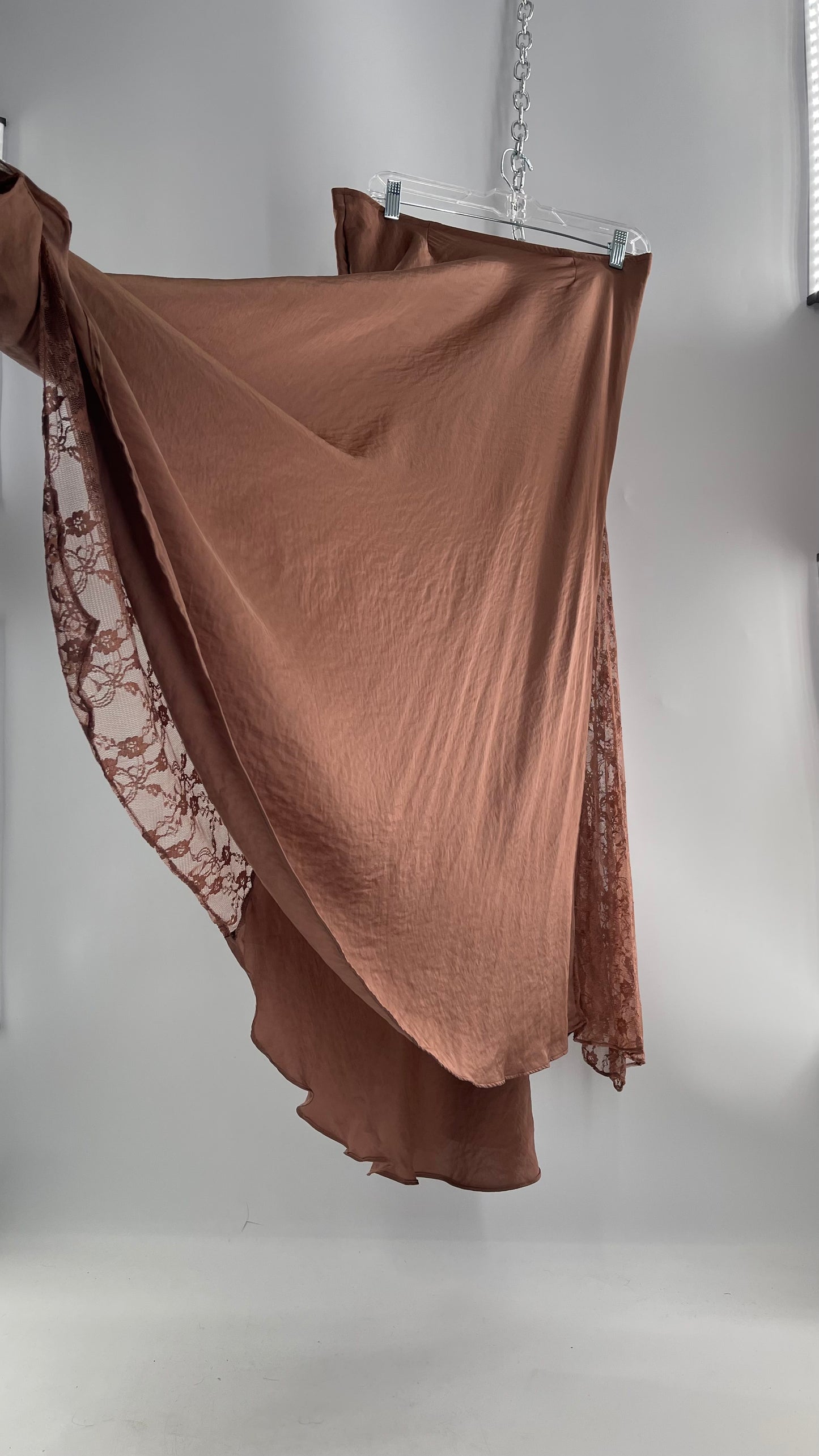 Intimately Free People Brown/Dusty Mauve Satin Maxi Skirt with Lace Paneling (Medium)