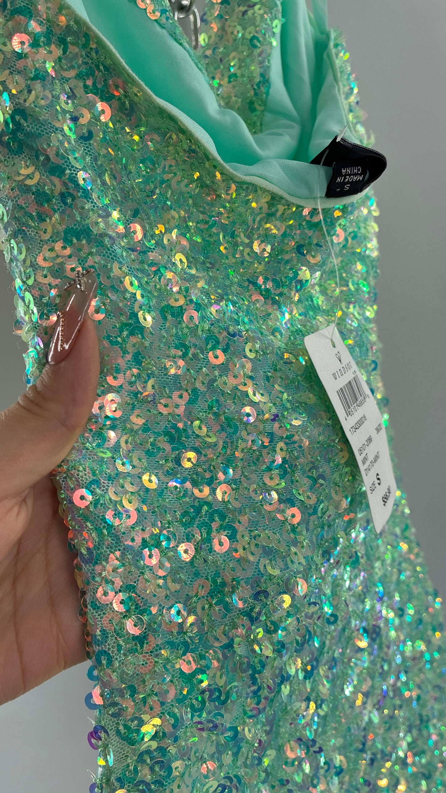 WINDSOR Aqua Blue Sequin Mini Dress with Draping Bustline and Tags (Small)