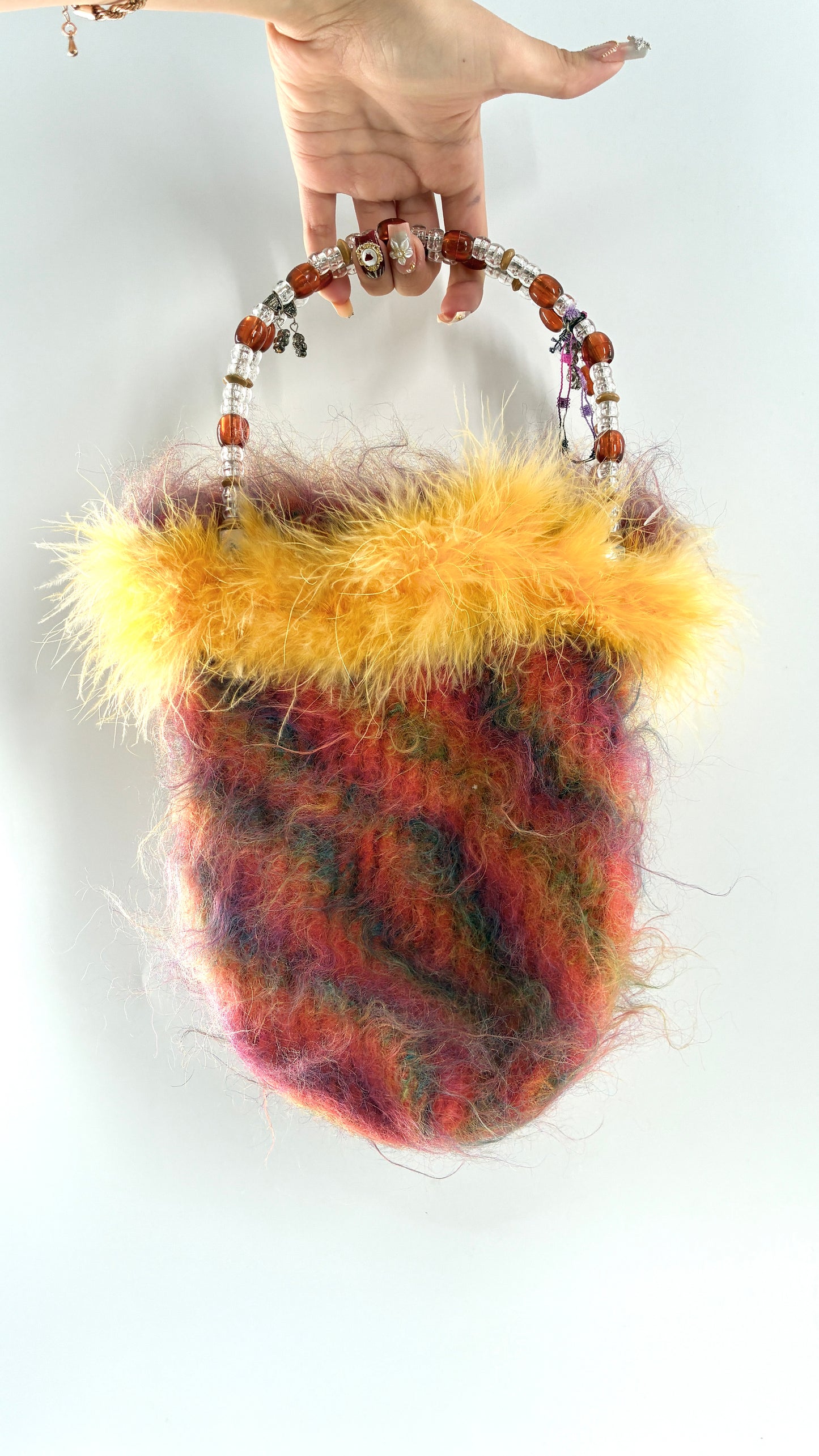 Deadstock Vintage Handmade Handwoven Bag with Beaded Handle, Metal Charms and Yarn Rosette