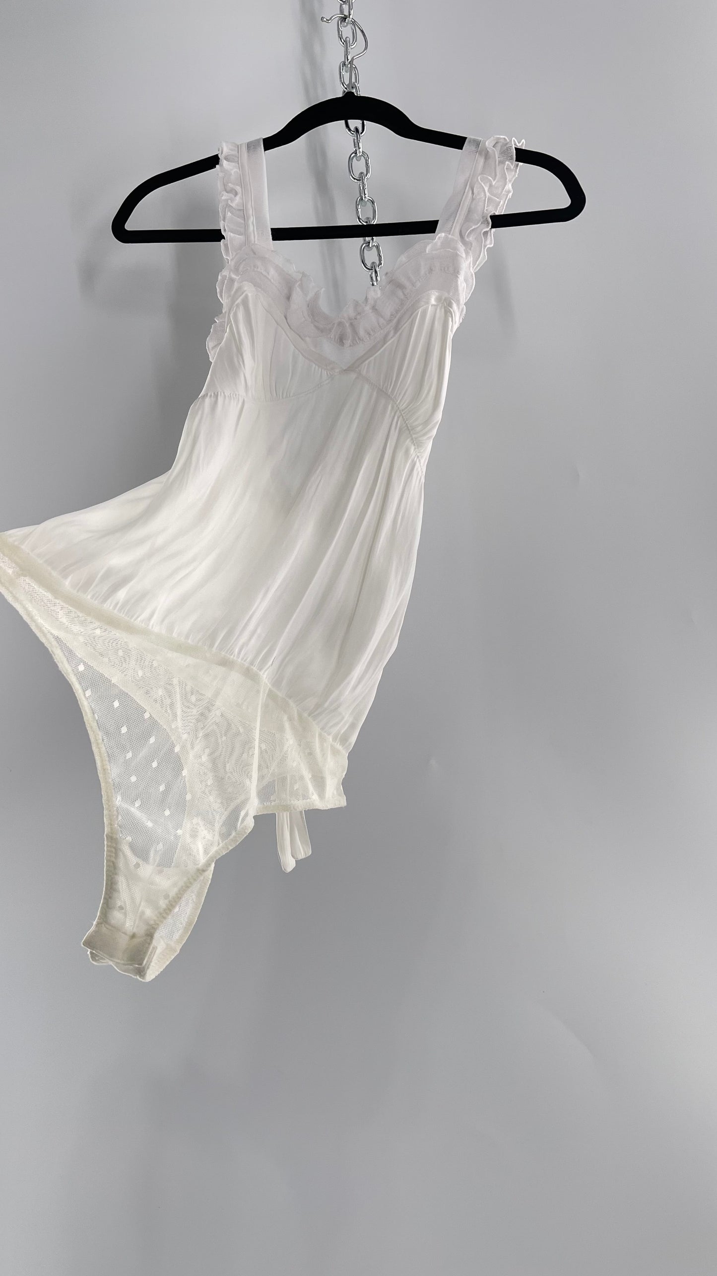 Free People White Silky Soft Bodysuit with Ruffled Bust-line and Straps (M)
