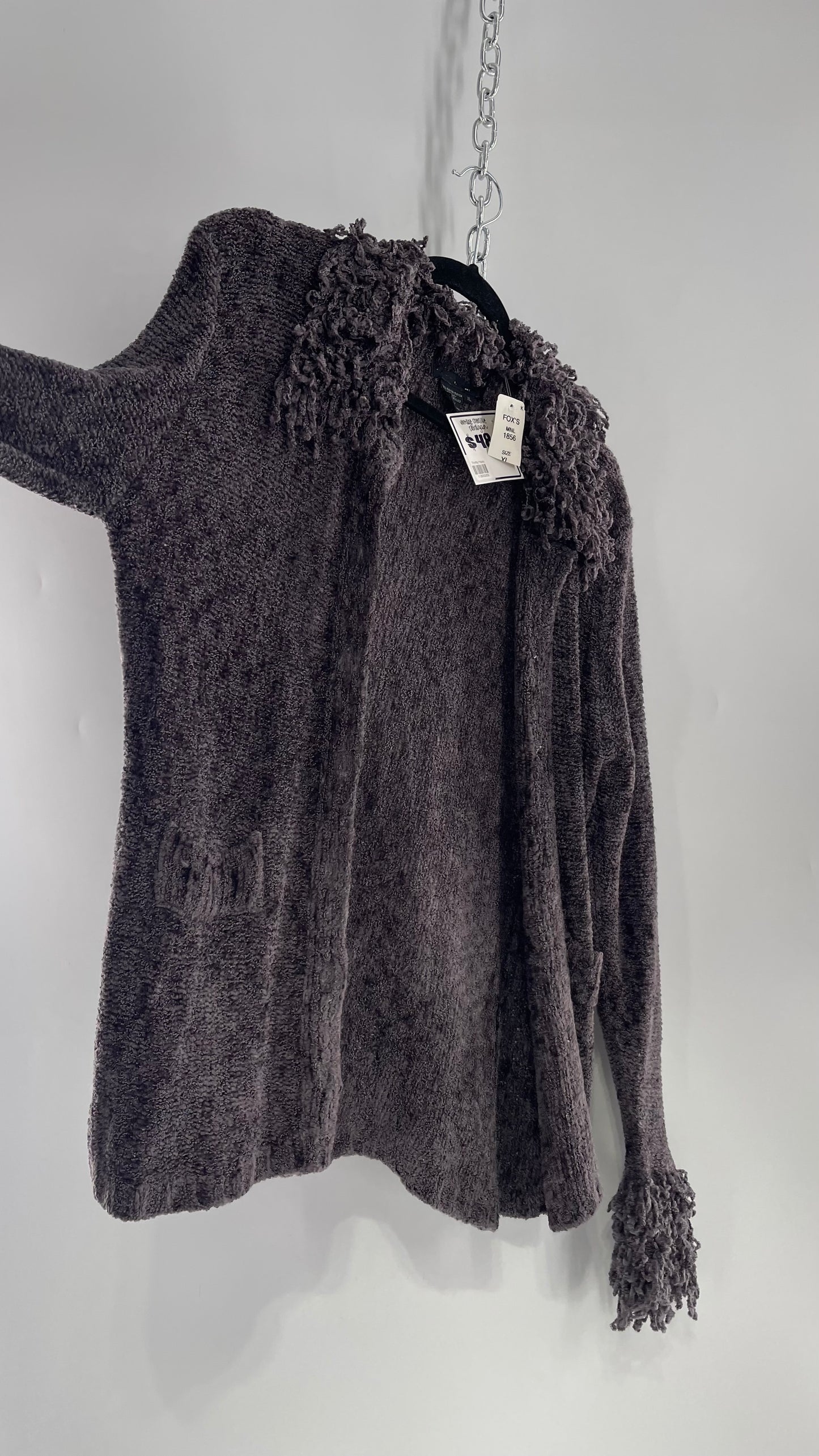 Vintage Grey Chenile Cardigan with Fuzzy Cuffs and Collar (XL)