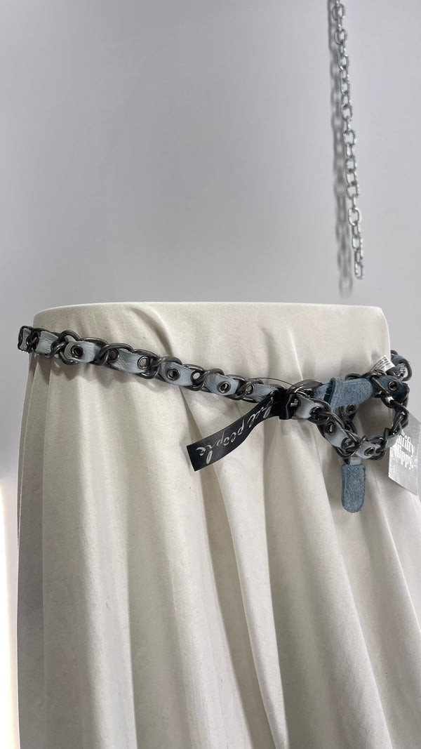Free People Blue Suede Leather Braided Belt with Metal Chain Hardware (One Size)