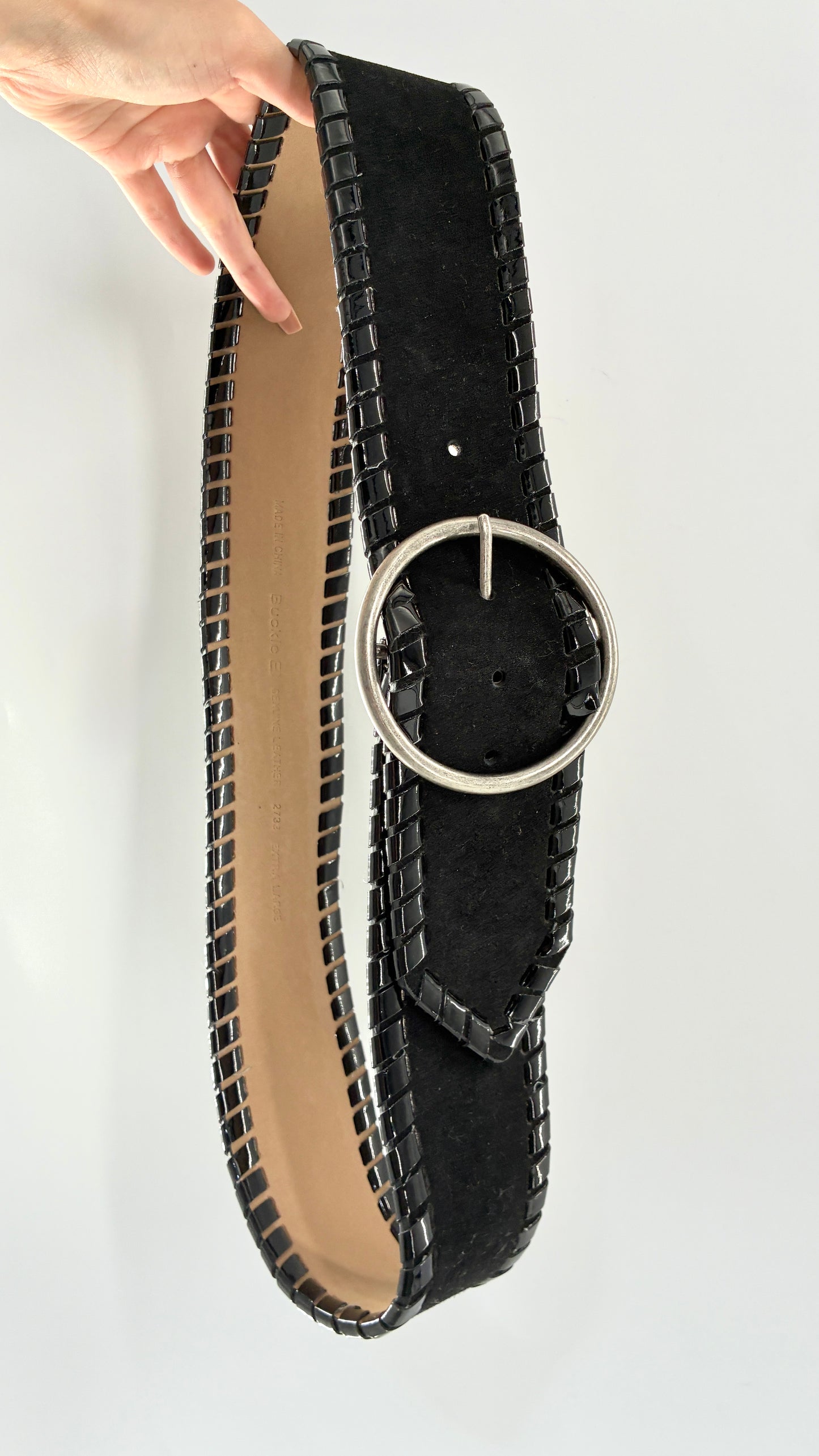 Vintage BUCKLE Black Genuine Suede Leather Wide Hip Belt with Oversized Silver Circle Buckle (XL)