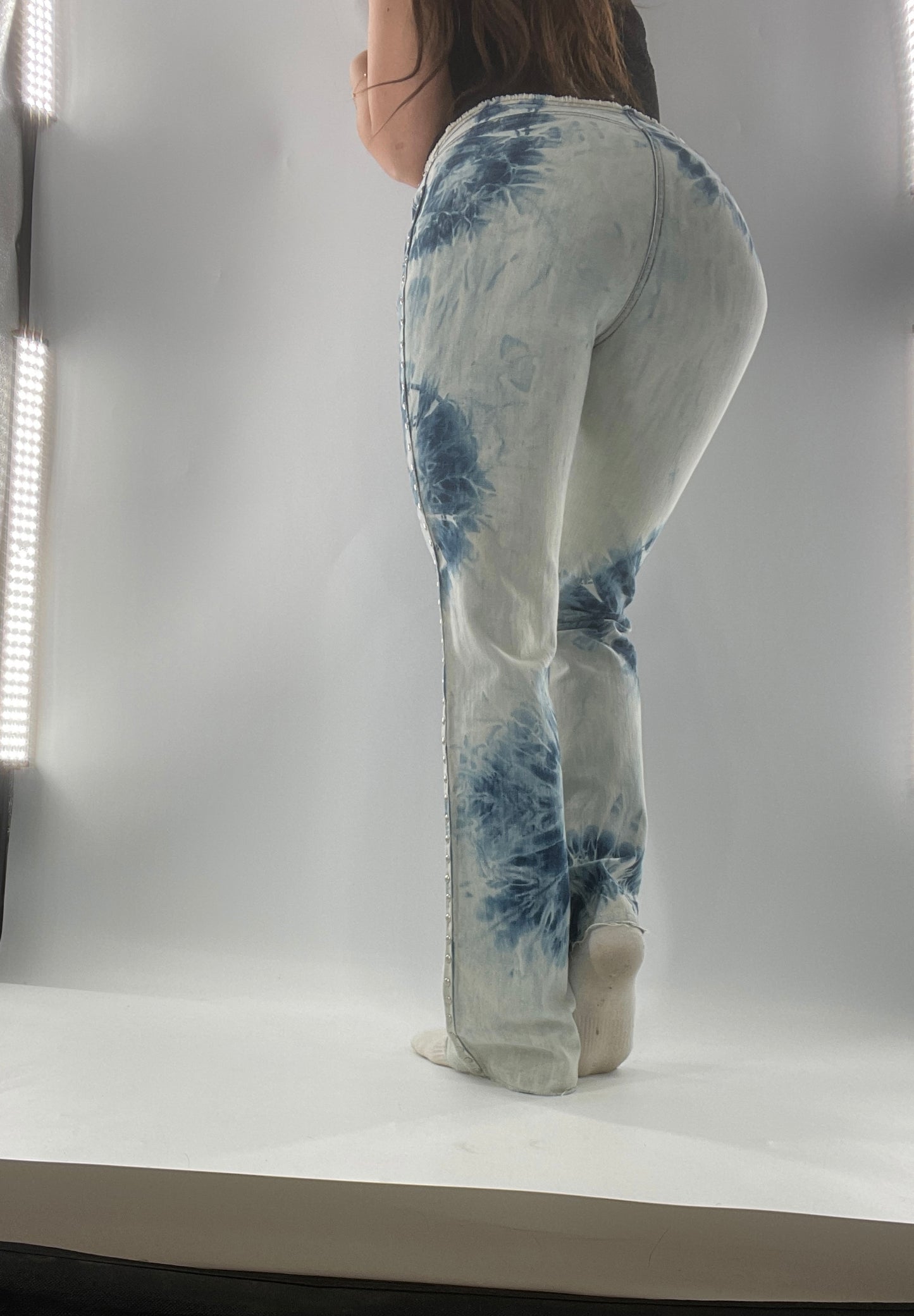 Vintage 1990s DKNY Light Bleached Jeans with Tie Dye Denim Pattern, Raw Edge Low Rise, and Studded Sides (5)