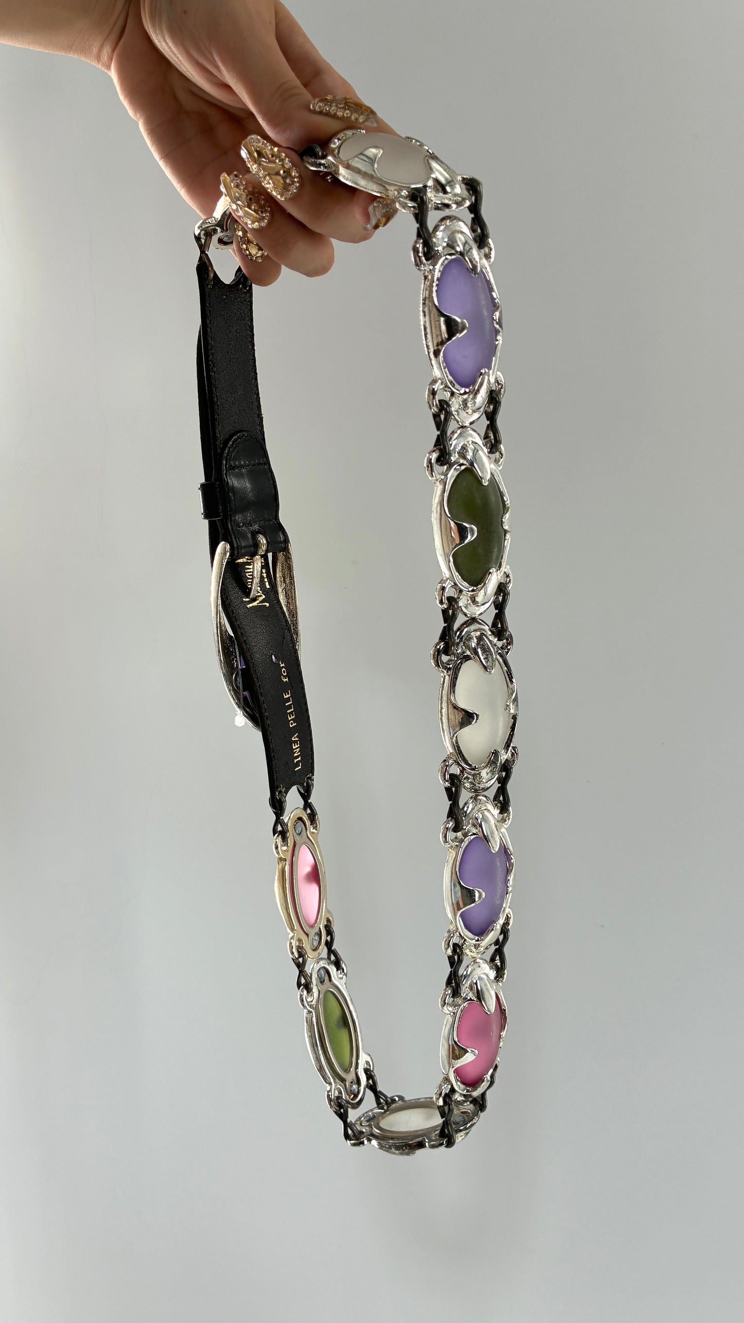 Vintage NEIMAN MARCUS Linea Pelle  Silver Metal Belt with Oversized, Sautered Gemstone Details Made in Italy (Medium)