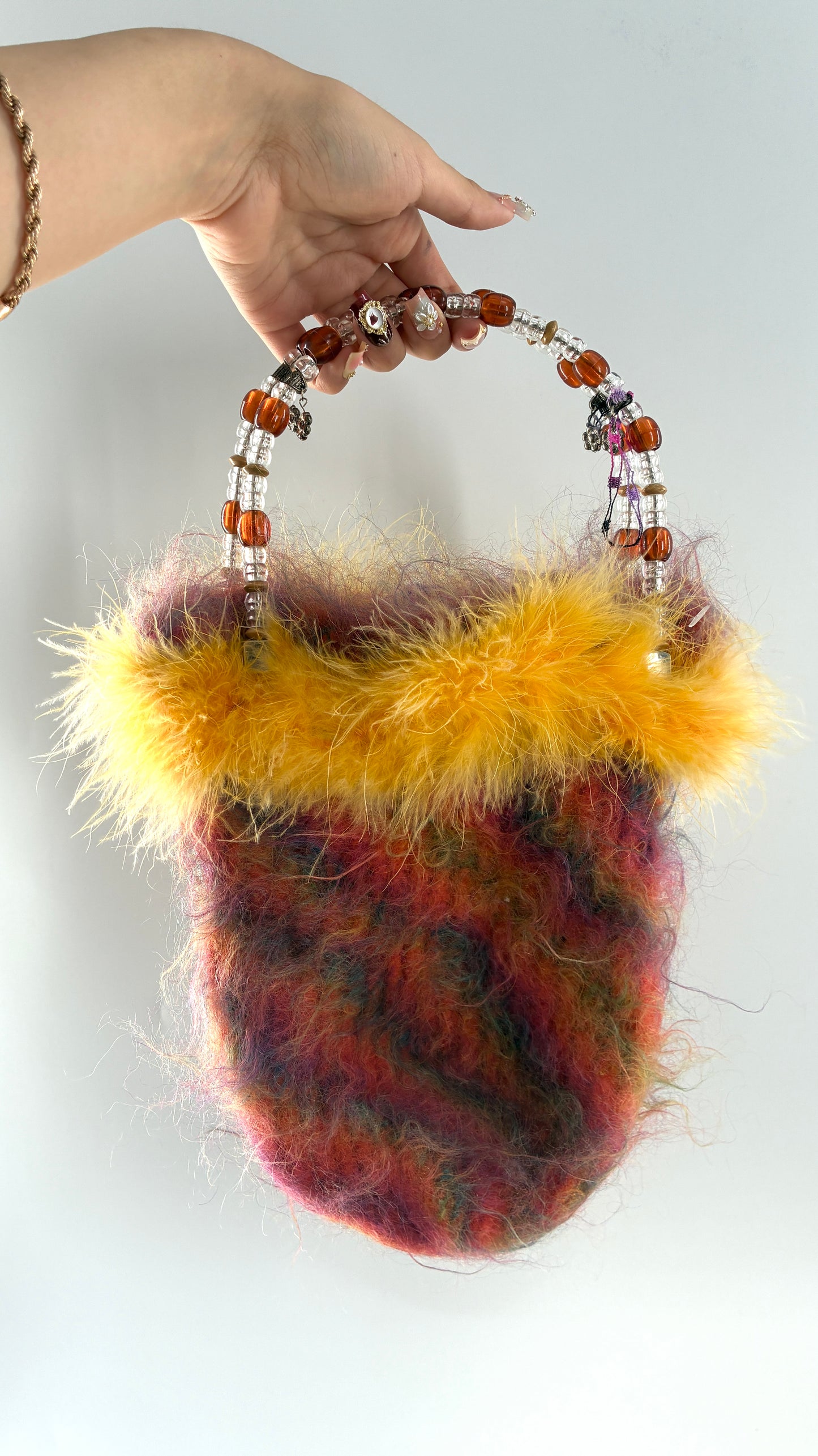Deadstock Vintage Handmade Handwoven Bag with Beaded Handle, Metal Charms and Yarn Rosette
