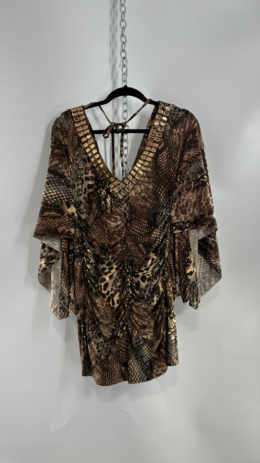 Vintage ZIZZI Metallic Animal Print Mini Dress with Draping Sleeves and Rhinestone Neckline  (Large)
