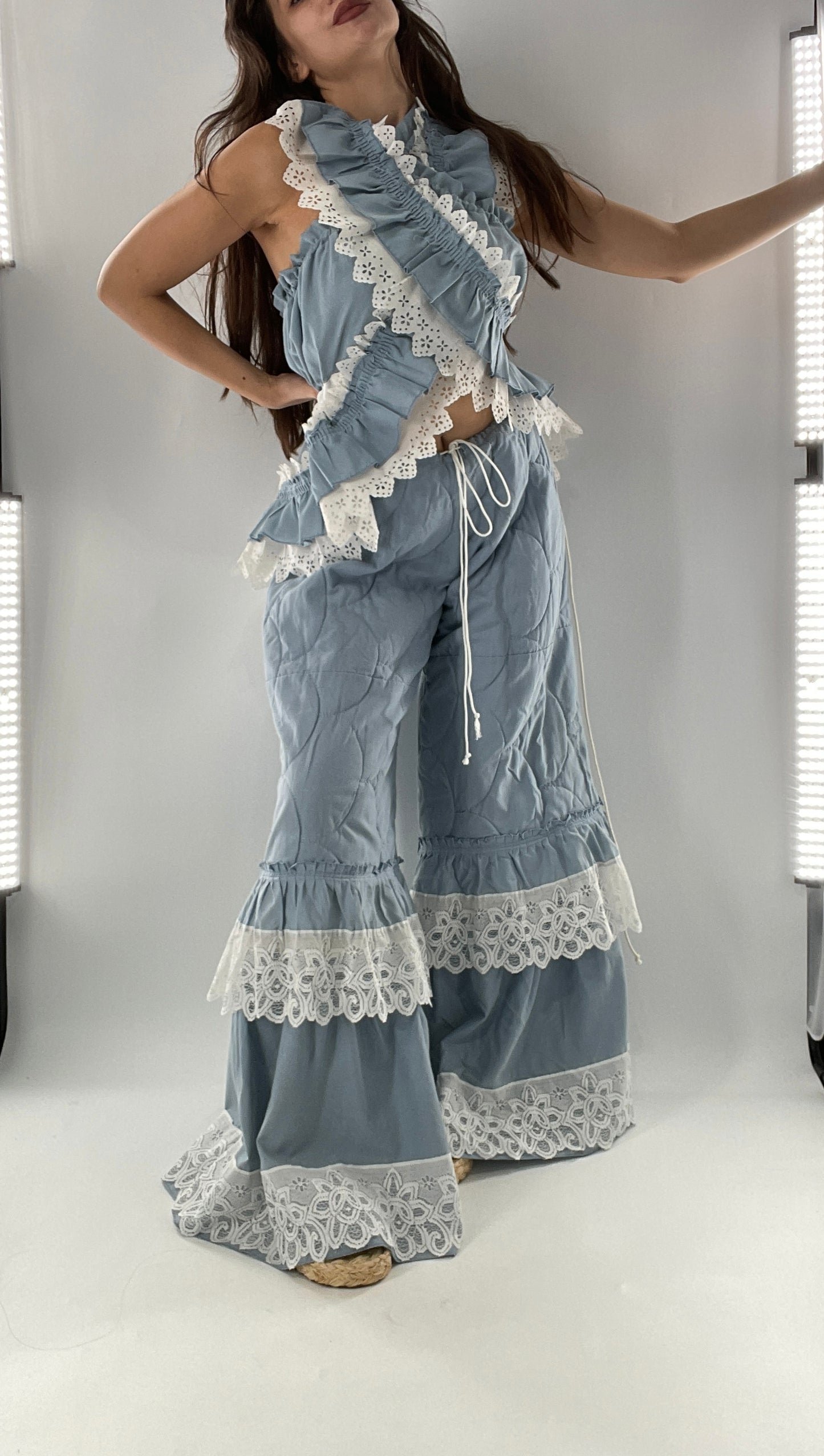 Vintage 2 Piece Powder Blue Set Featuring 2Way Blouse and Quilted Trousers Covered in Ruffles, Lace and Trim (One Size)