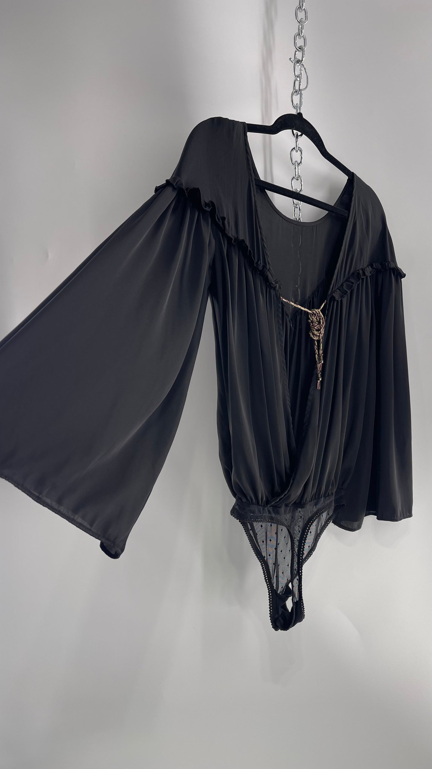 Free People Black Silky Ruffled Sweetheart Neckline Detail with Pleated Bodice and Open Back (XS)