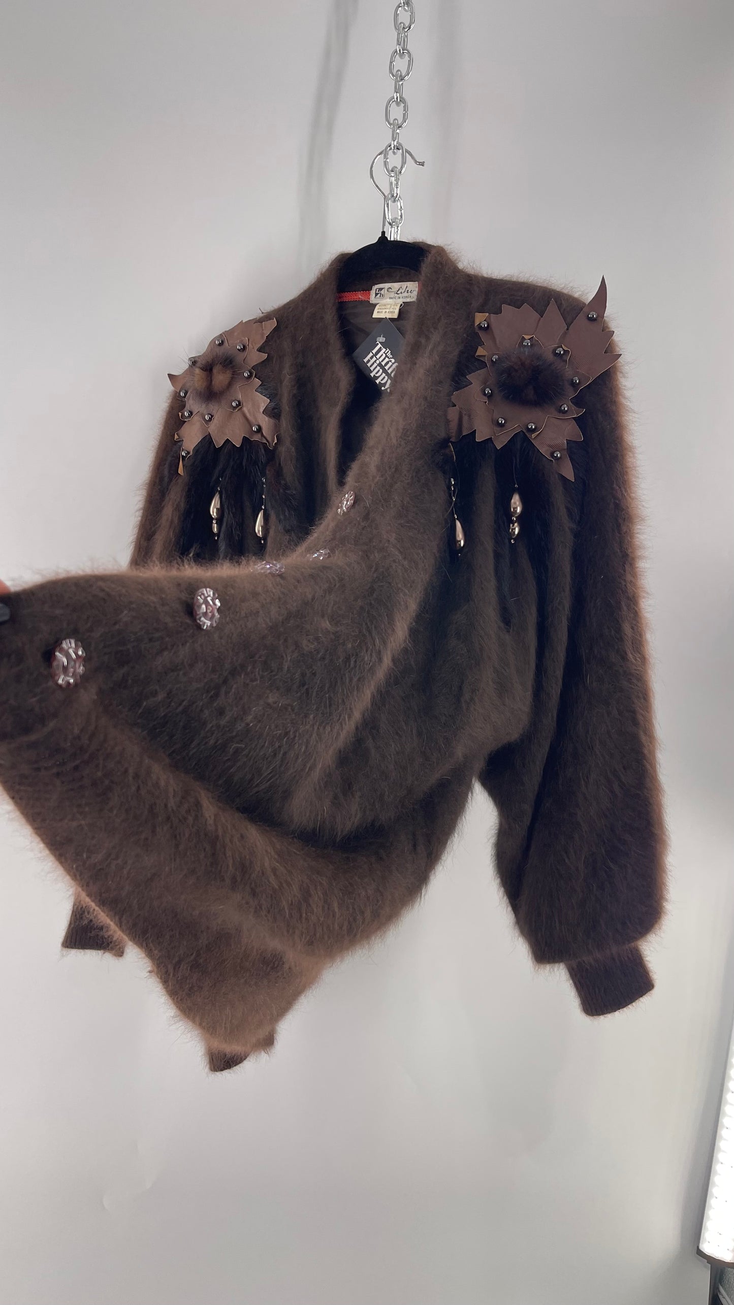 Liho Korean Vintage Brown Cardigan with Leather, Fur and Beaded Detailing 15% Wool 75% Angora  (C)(Medium)