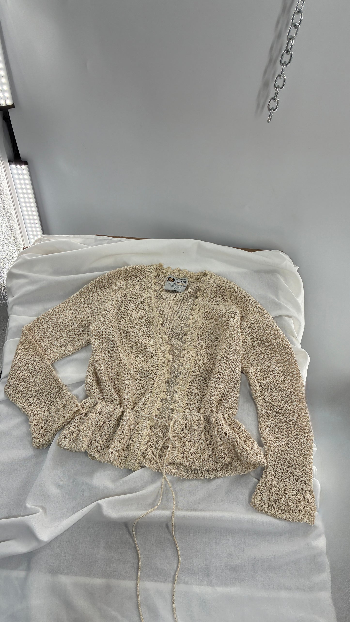 Vintage 1970s PALLAS 100% Pure Irish Linen Hand Loomed Cinched Cardigan (Medium)