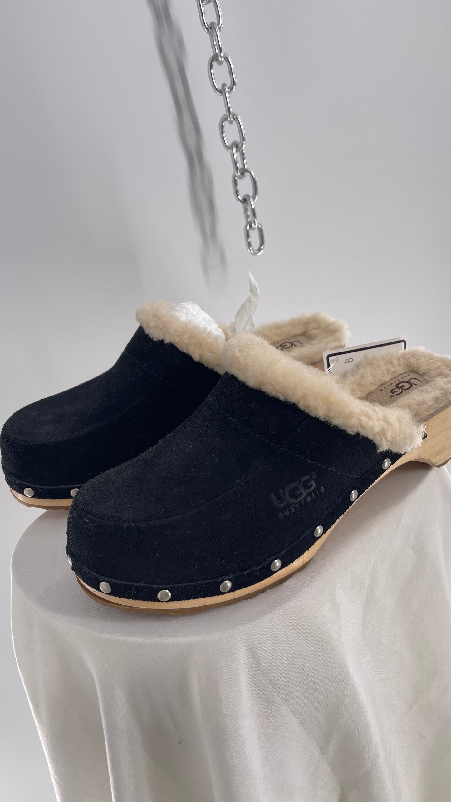 UGG Vintage Side Studded Black Suede Fur Lined Wooden Clog  (8)