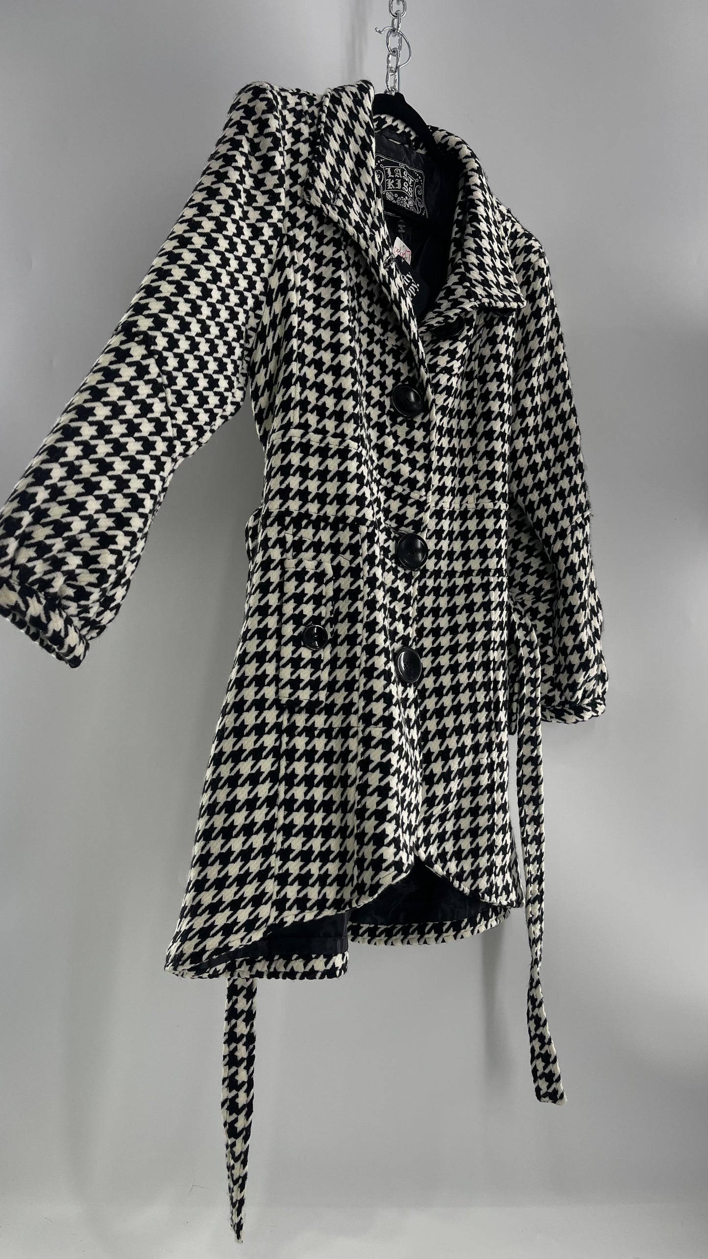 Deadstock Vintage Last Kiss Houndstooth Coat with Bubble Sleeve, Waist Tie, and Sweeping Hem (XXL)