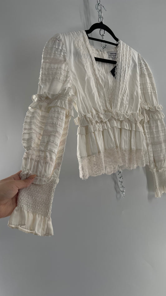 CISTAR NEW YORK White Balloon Sleeve Blouse Adorned in Delicate Ruffled and Lace (Medium)