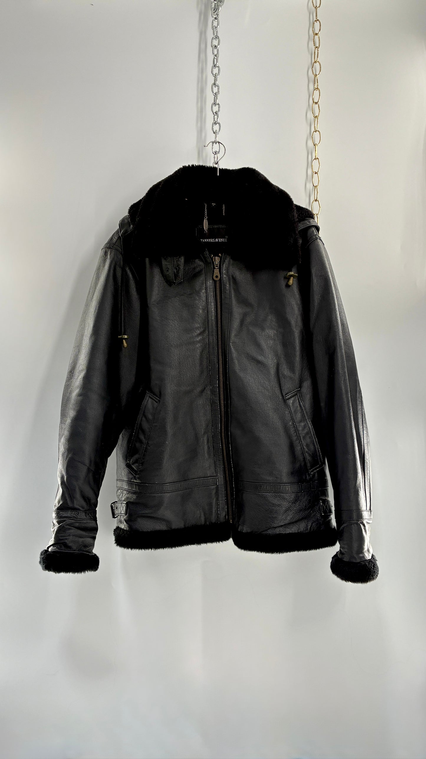 Vintage TANNERS AVENUE Black Genuine Leather Jacket with High Neck and Hood (Medium)