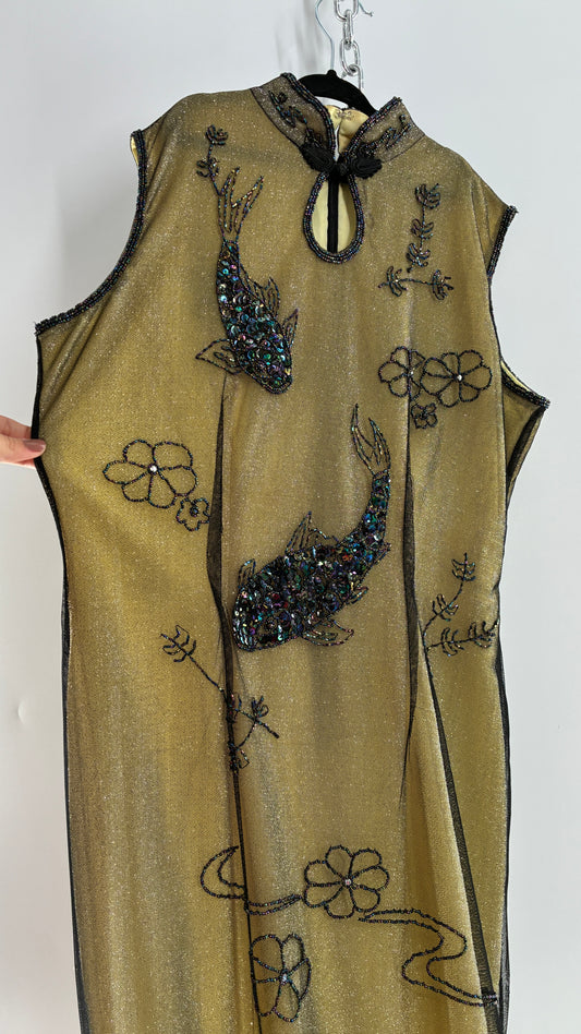 Vintage 1990s One of a Kind Handmade, Green Gown with Beaded Koi Fish, Metallic Tulle Overlay, and Symmetric Back (Medium)