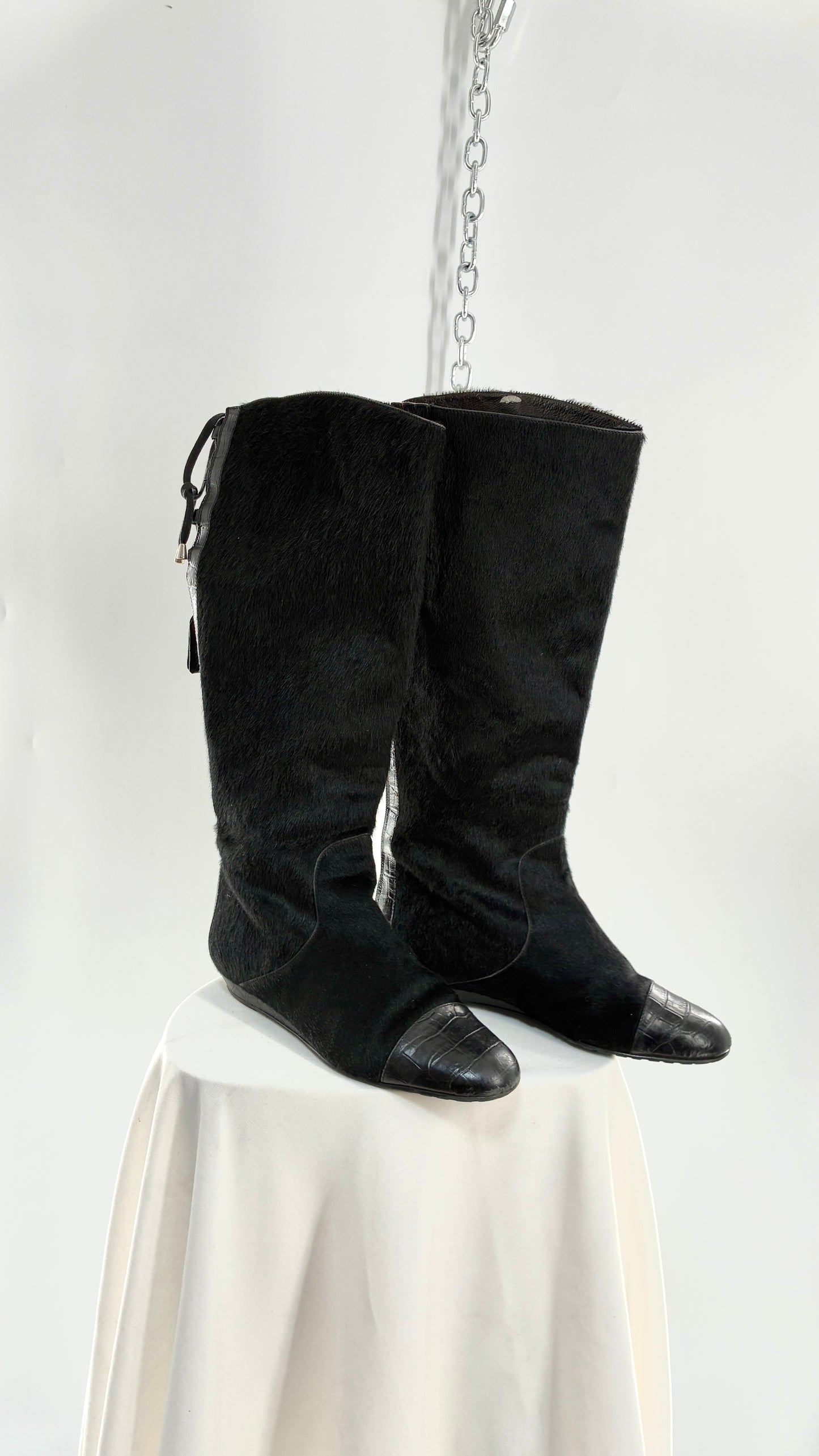 Vintage MIGLIORINI Black Genuine Calf Hair/Fur Boots with Heel, Made in Italy (7.5)