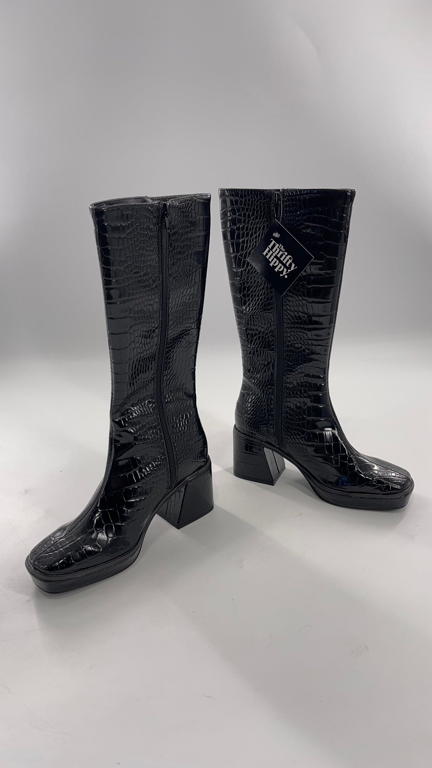 Urban Outfitters Black Crocodile Embossed Knee High Heel Boots (6)