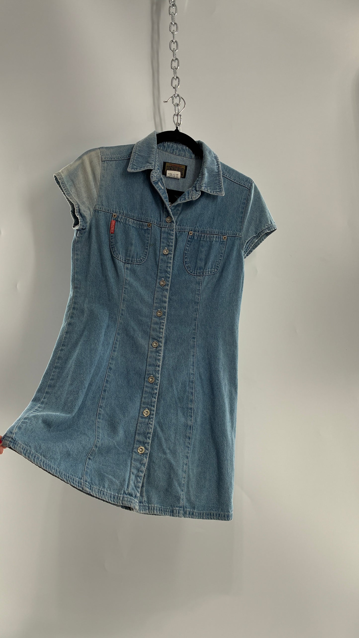 Vintage VINTAGE BLUE Light Wash Denim Button Front Micro Mini Dress (7)