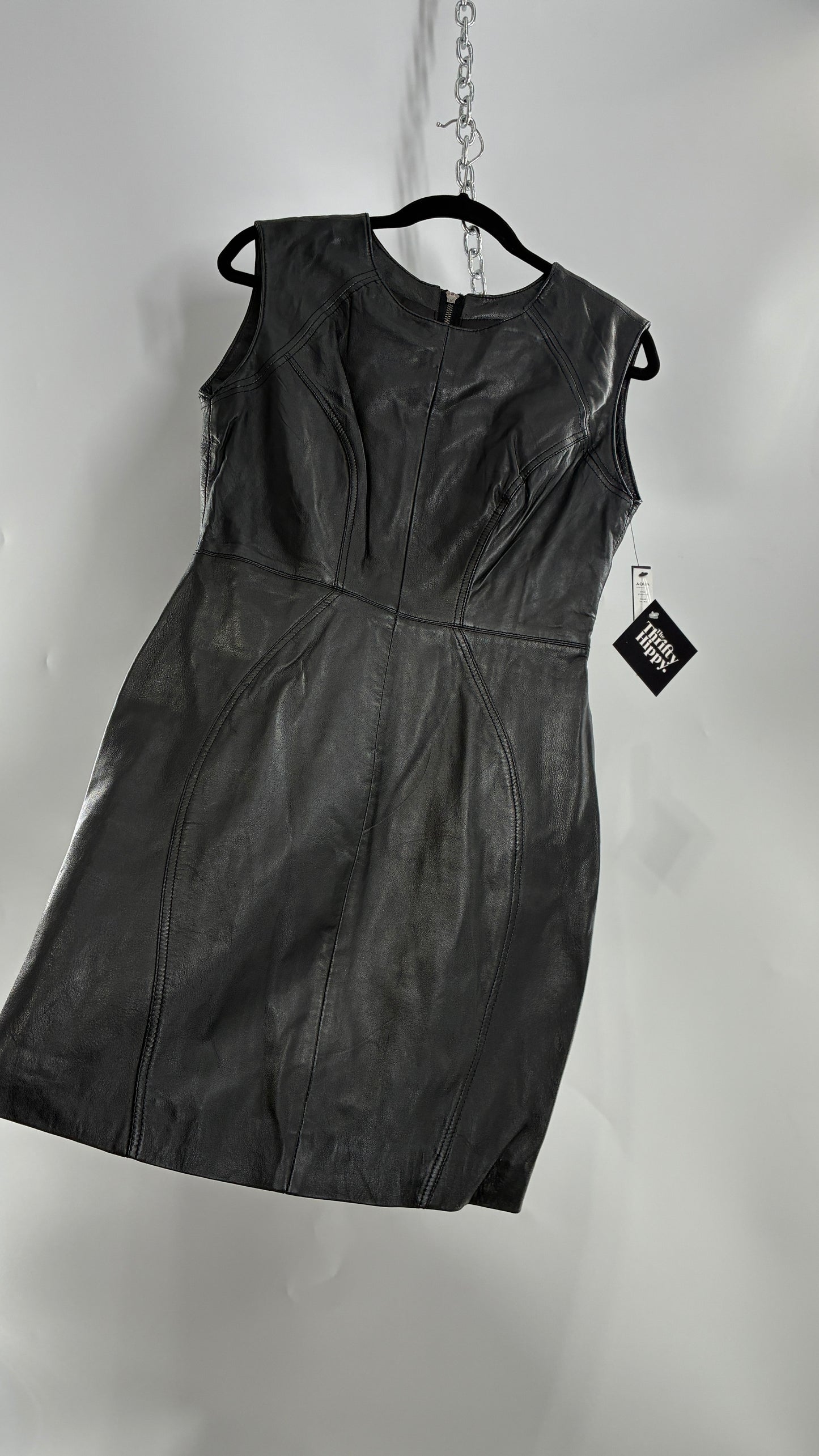 AQUA LUXE Black Leather Bodycon Paneled Dress with Tags Attached (Small)