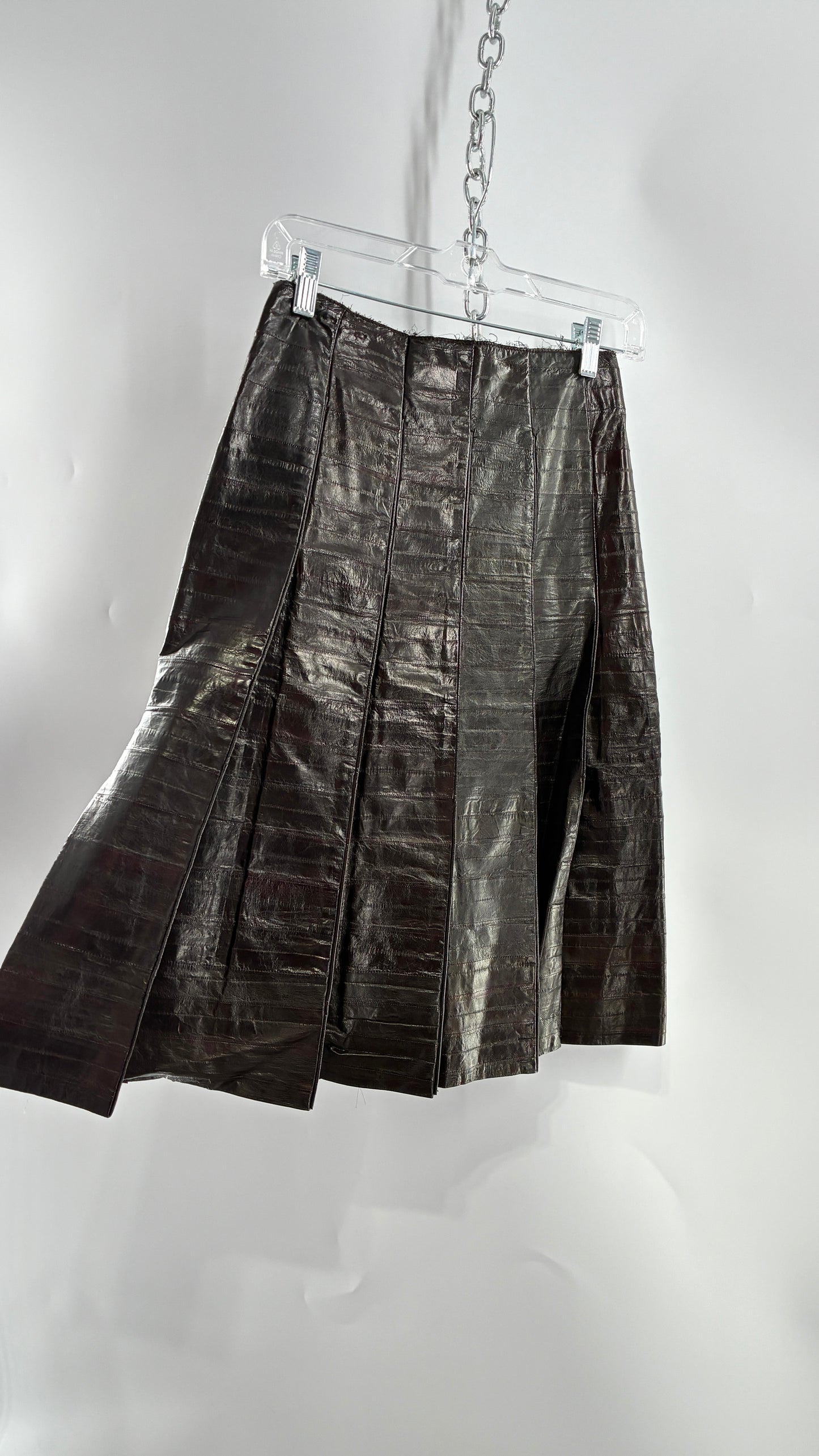 Vintage Handmade Pleated Dark Brown Genuine Leather Patchwork Skirt (XS)