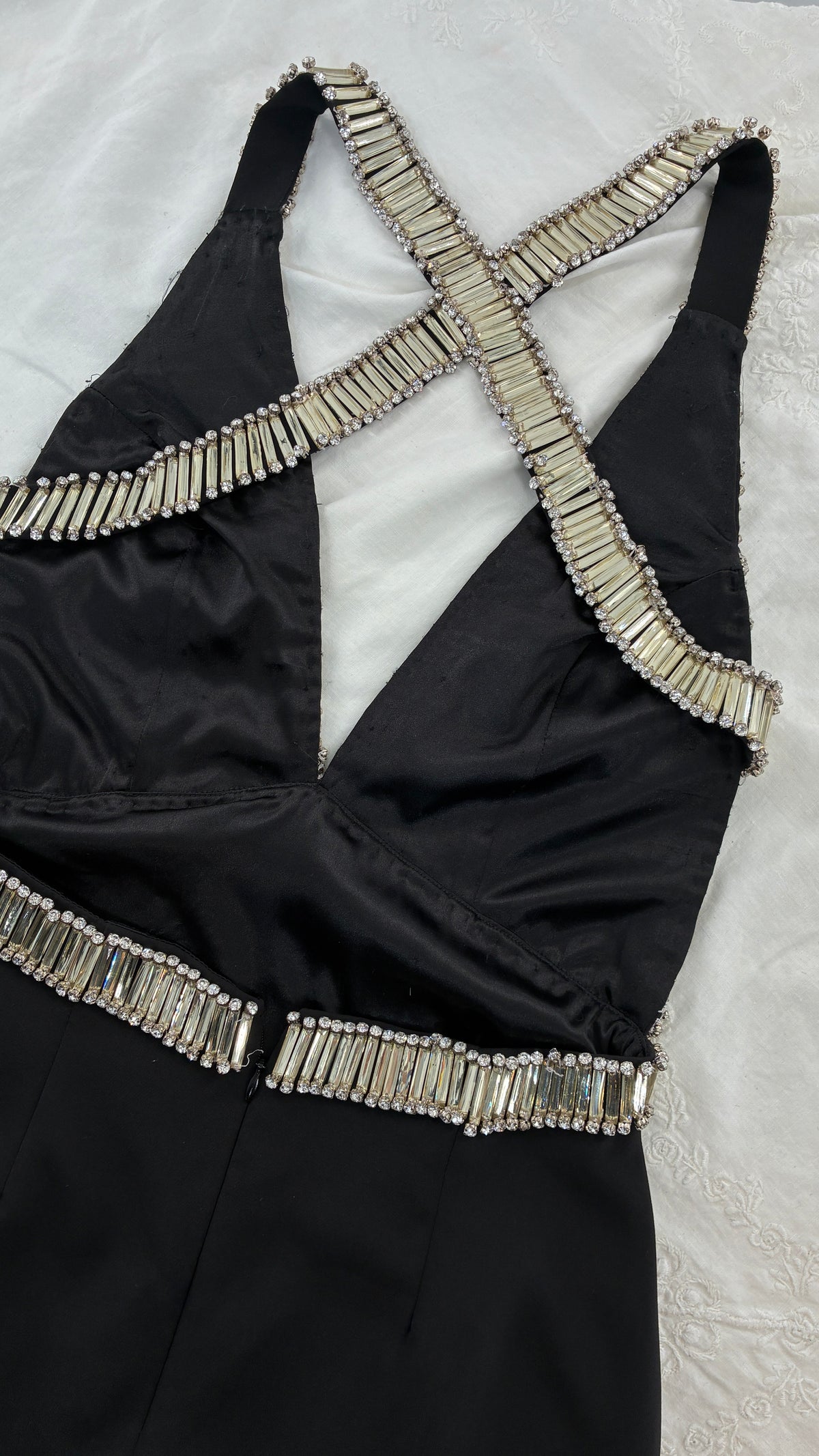 Vintage NBD Black Halter Dress Lined in Oversized Stones and Crystals (Small)
