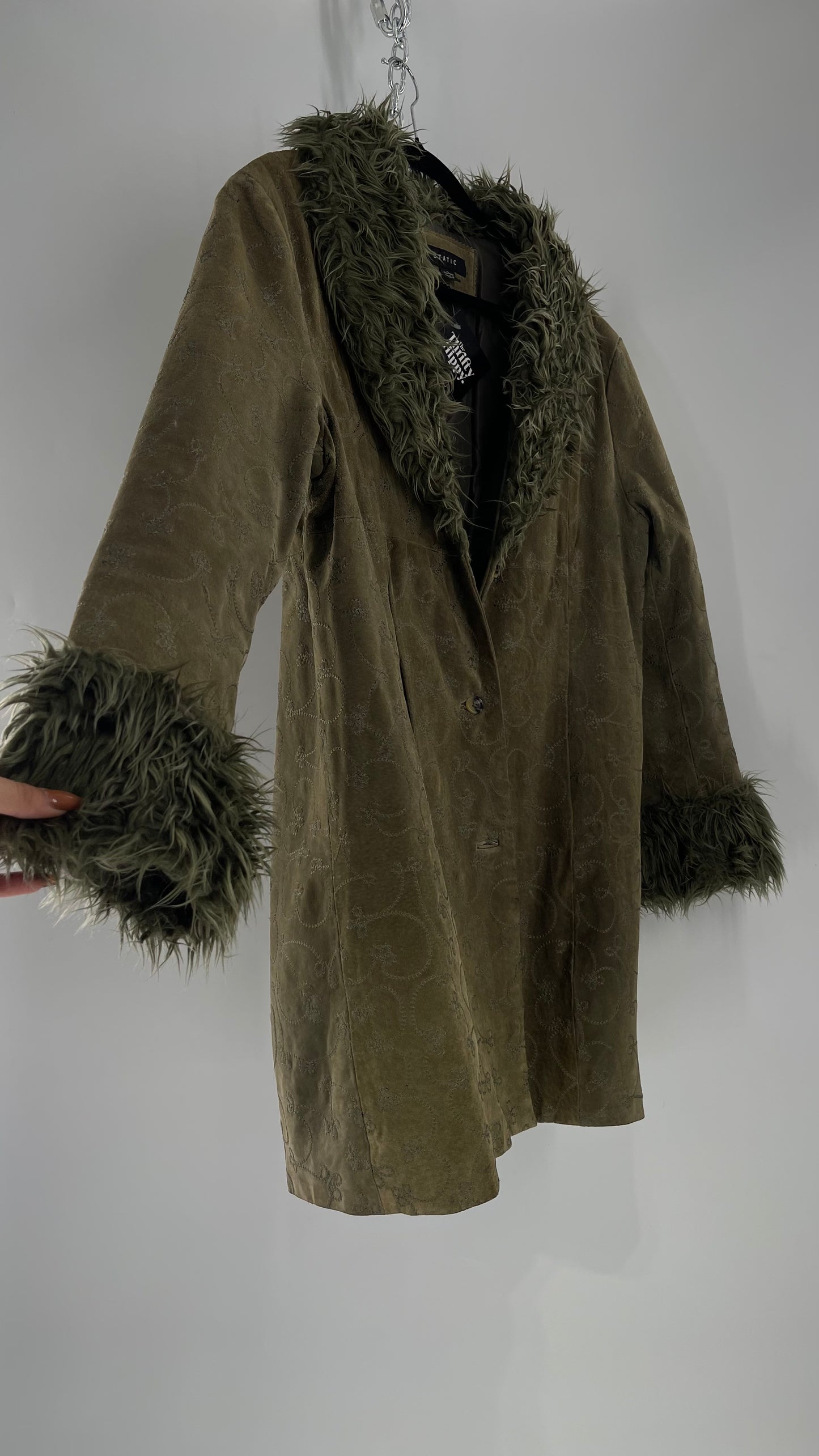 Vintage STATIC Embroidered Genuine Leather Coat with Fur Cuffs and Collar (C) (XL)