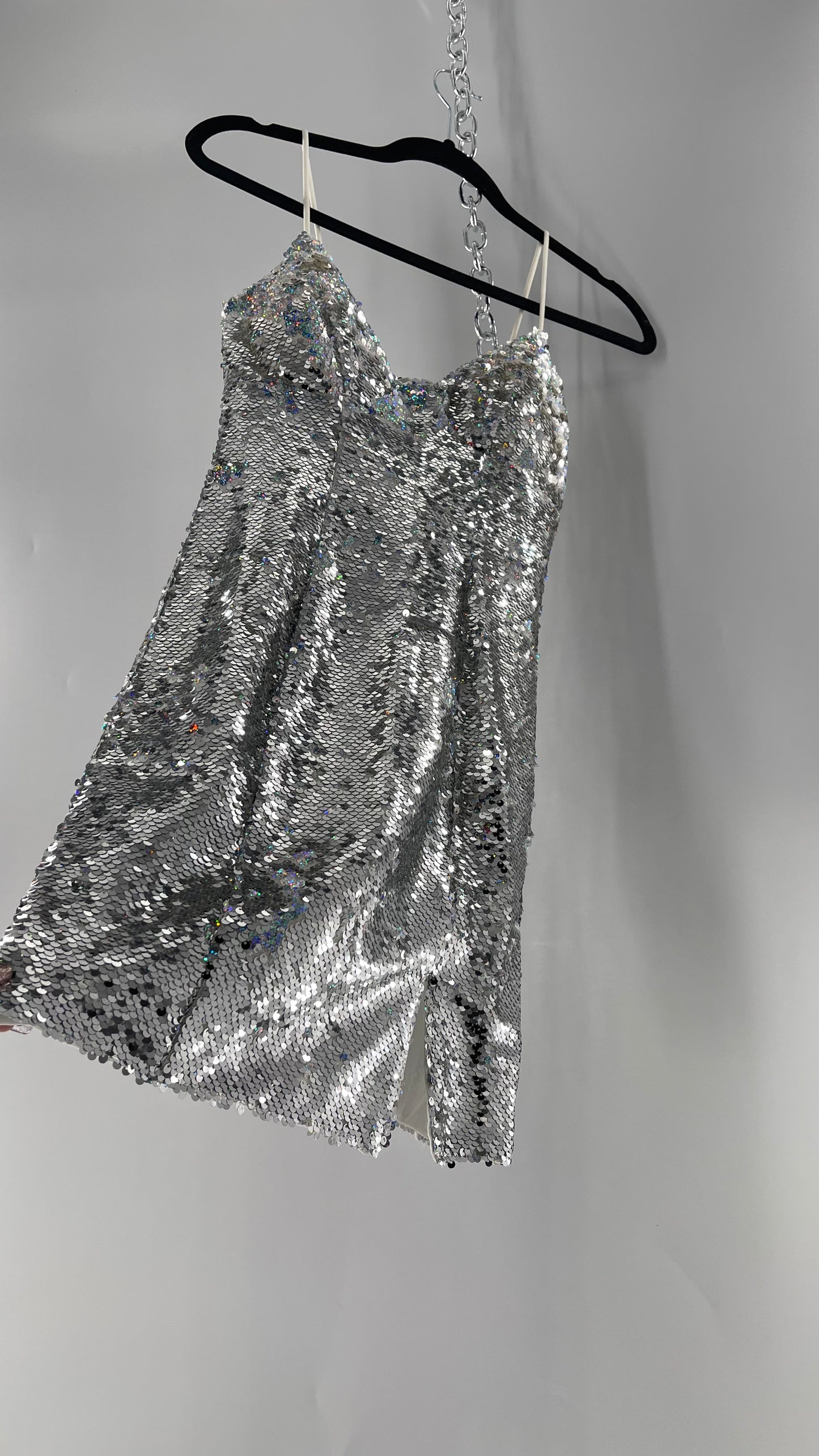 Princess Polly Silver Iridescent Sequin Mini Dress with Triangle Cups and Thigh Slit (0)