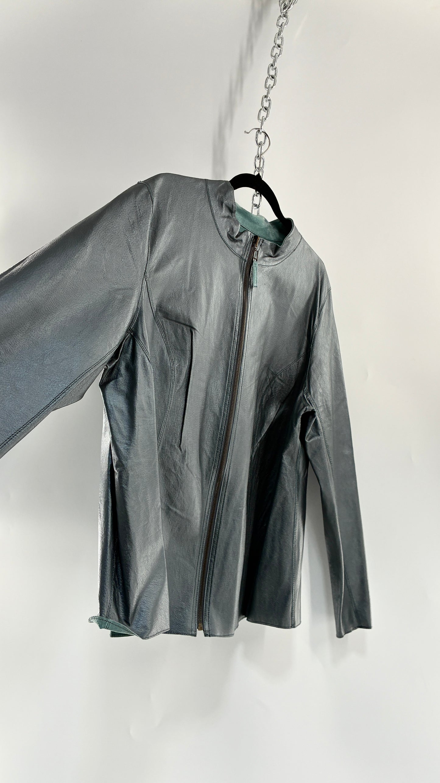 Vintage 1990s Metallic Blue Genuine Leather and Suede Reversible Thin, Zip Up Moto Jacket (XXL)