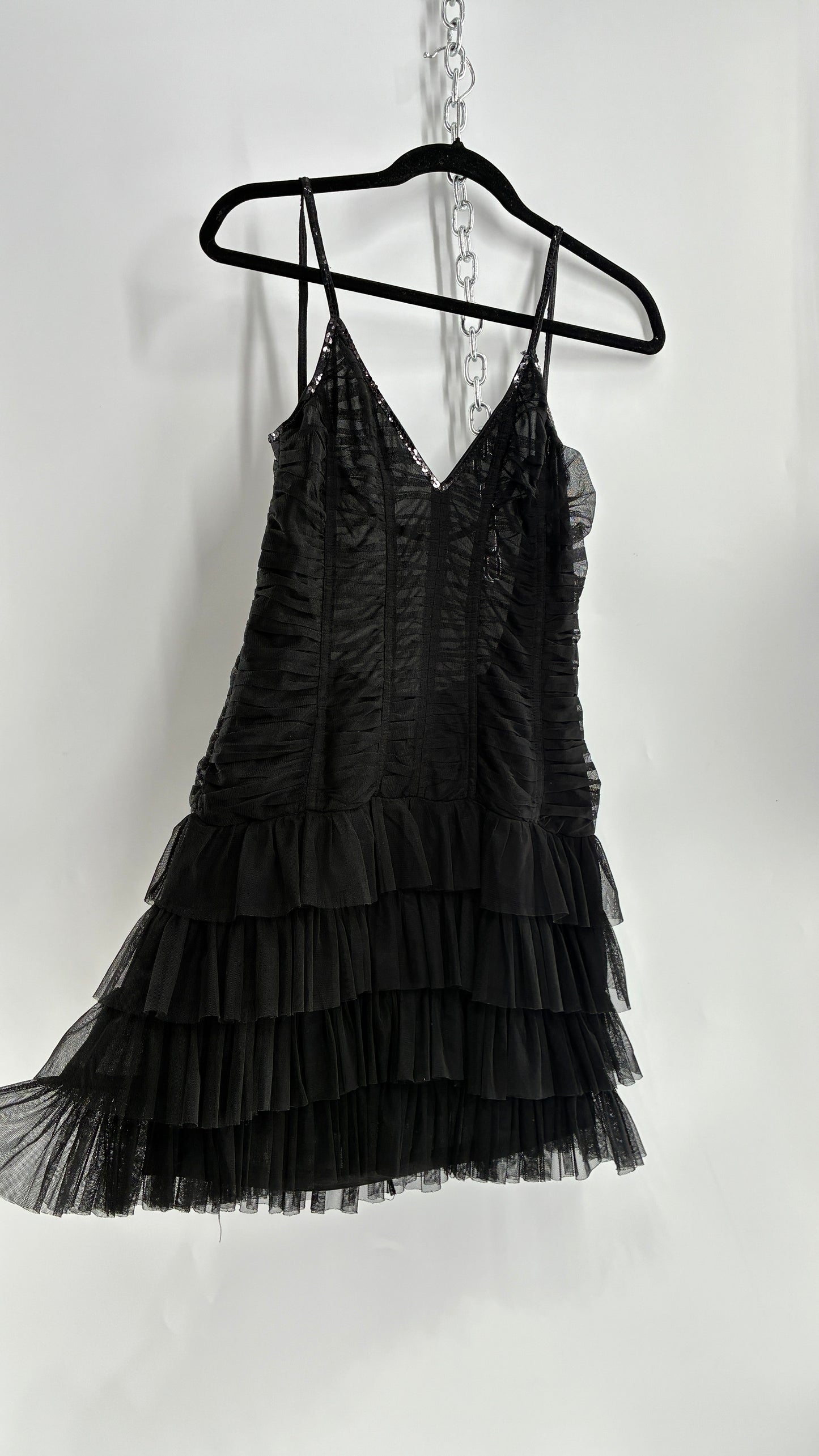 Vintage Black Ruffled Tulle Mini Dress with Low Open Back (8)