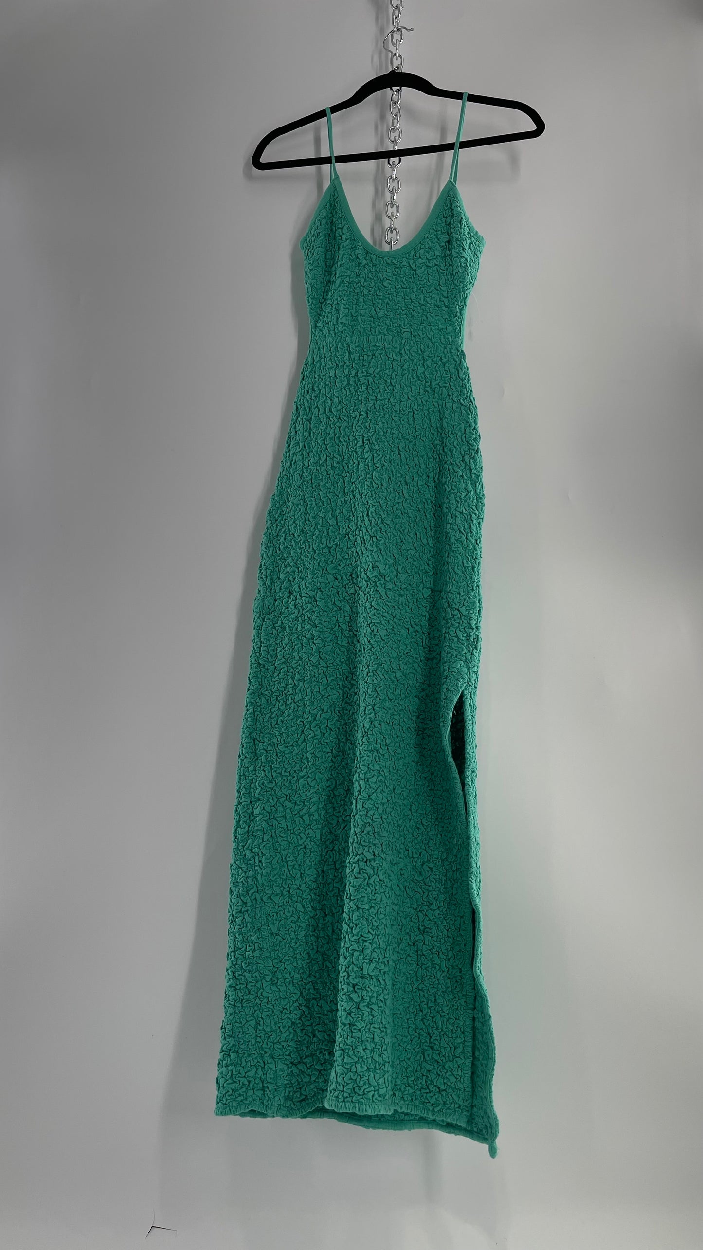 Free People Kelly Green Popcorn Maxi Dress with Low, Open Back Detail (XS)