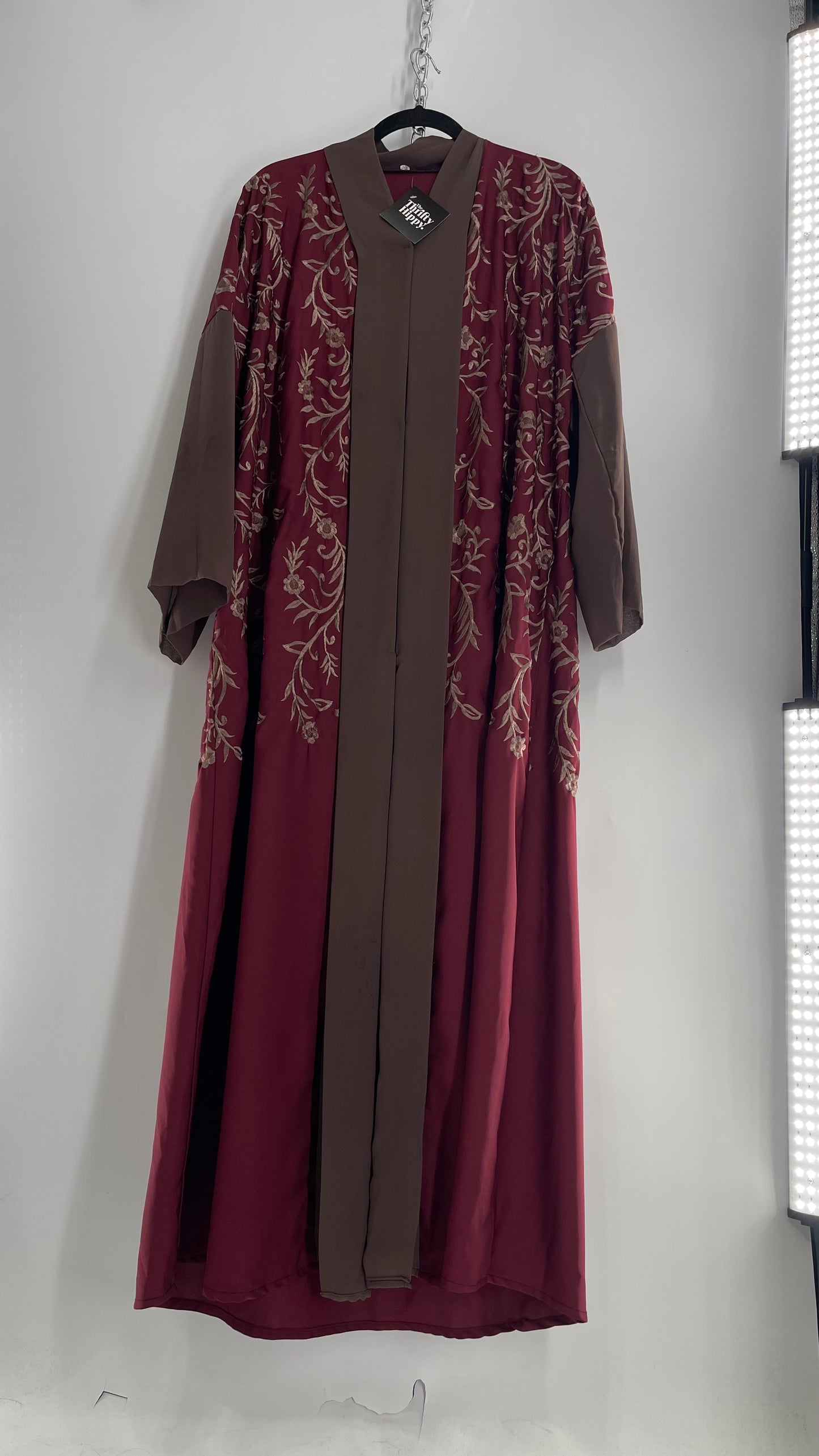 Vintage Embroidered Burgundy Sweeping Duster Coat/Cape with Tan Embroidery