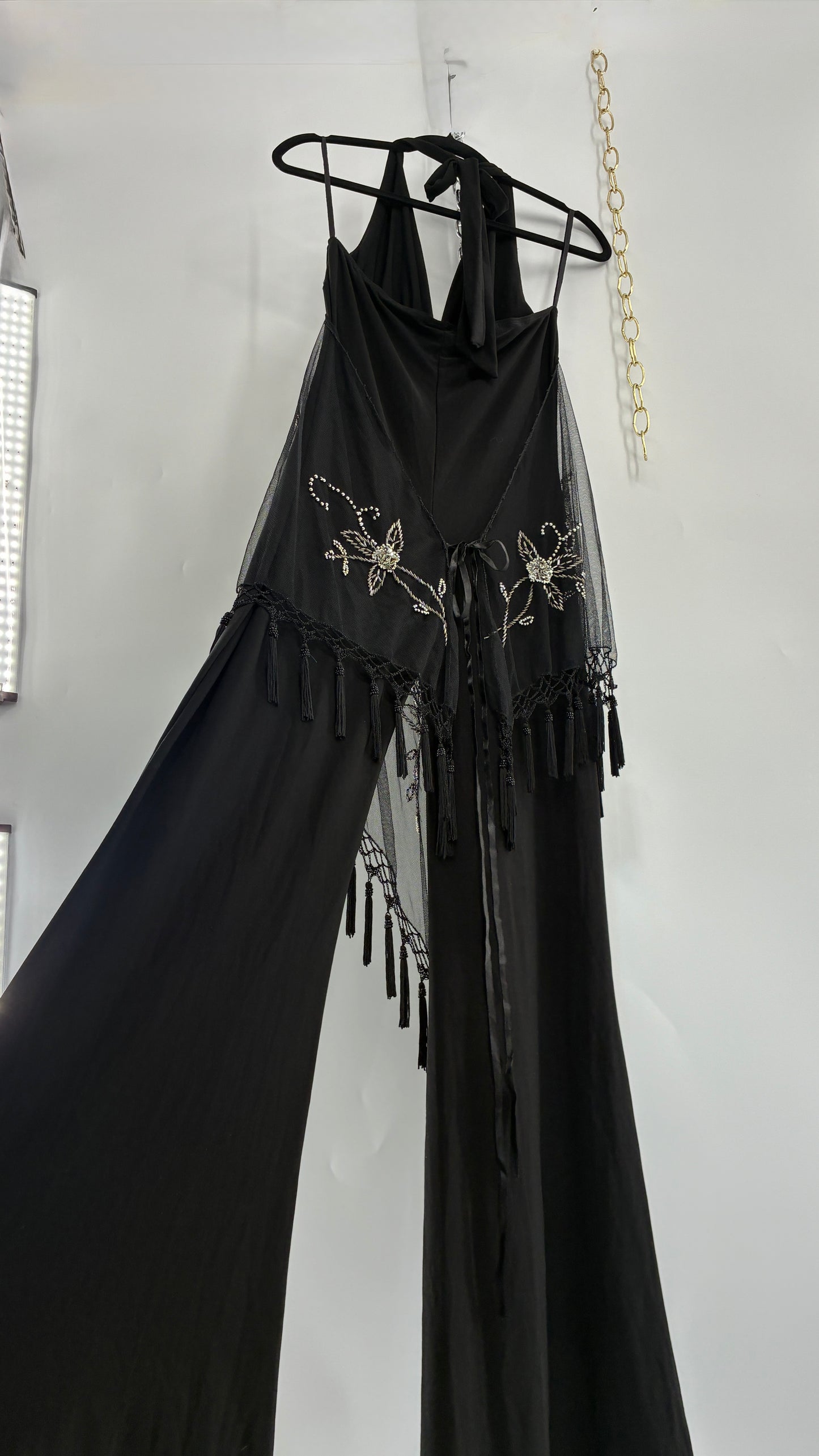 Vintage JANICE Black Jumpsuit with Fringe Embroidered Waist Detail (Large)