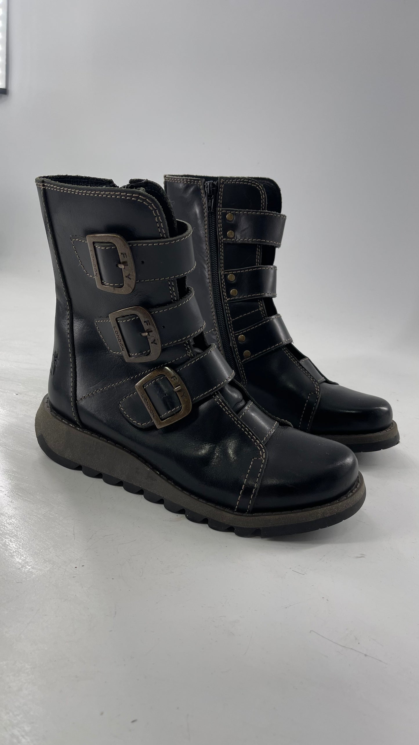 Fly London Black Zipper Side Biker Boot with Oversized Brass Buckles (38)