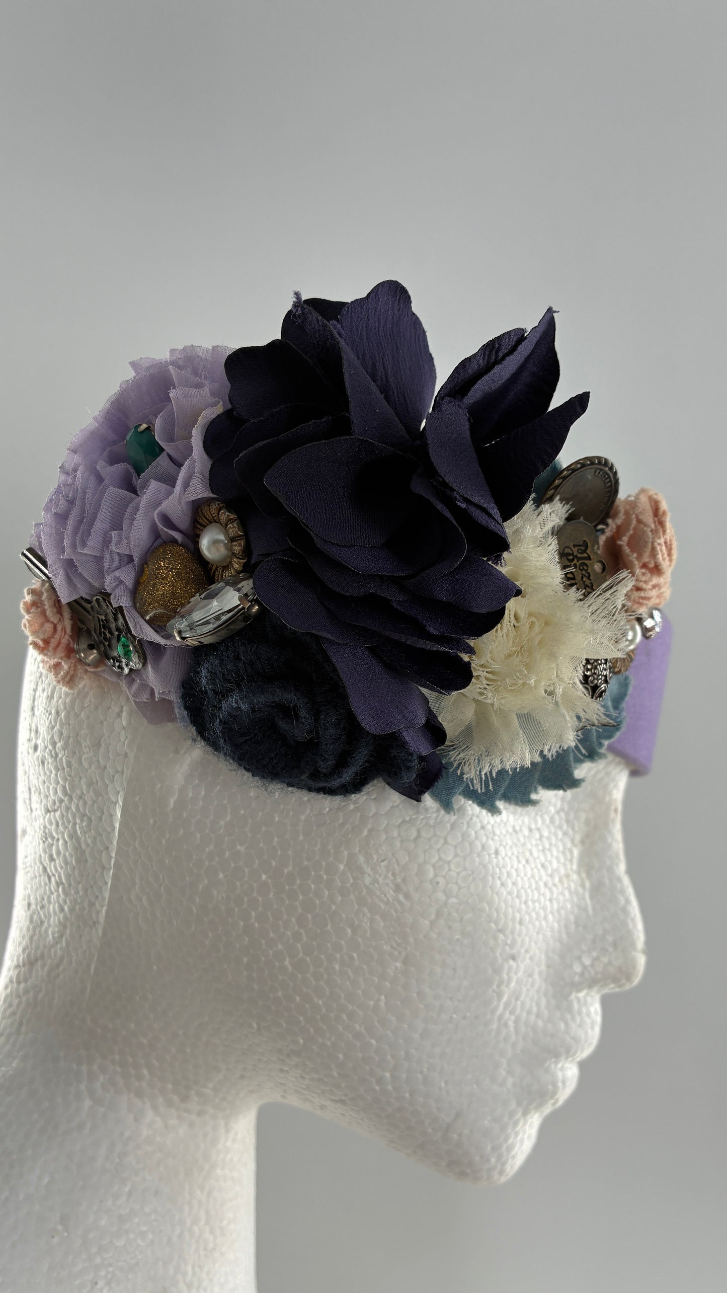 Vintage FARMER Handmade Lilac Headband with Purple Ribbon,  Pleated, Floral, and Gemstone Appliqués