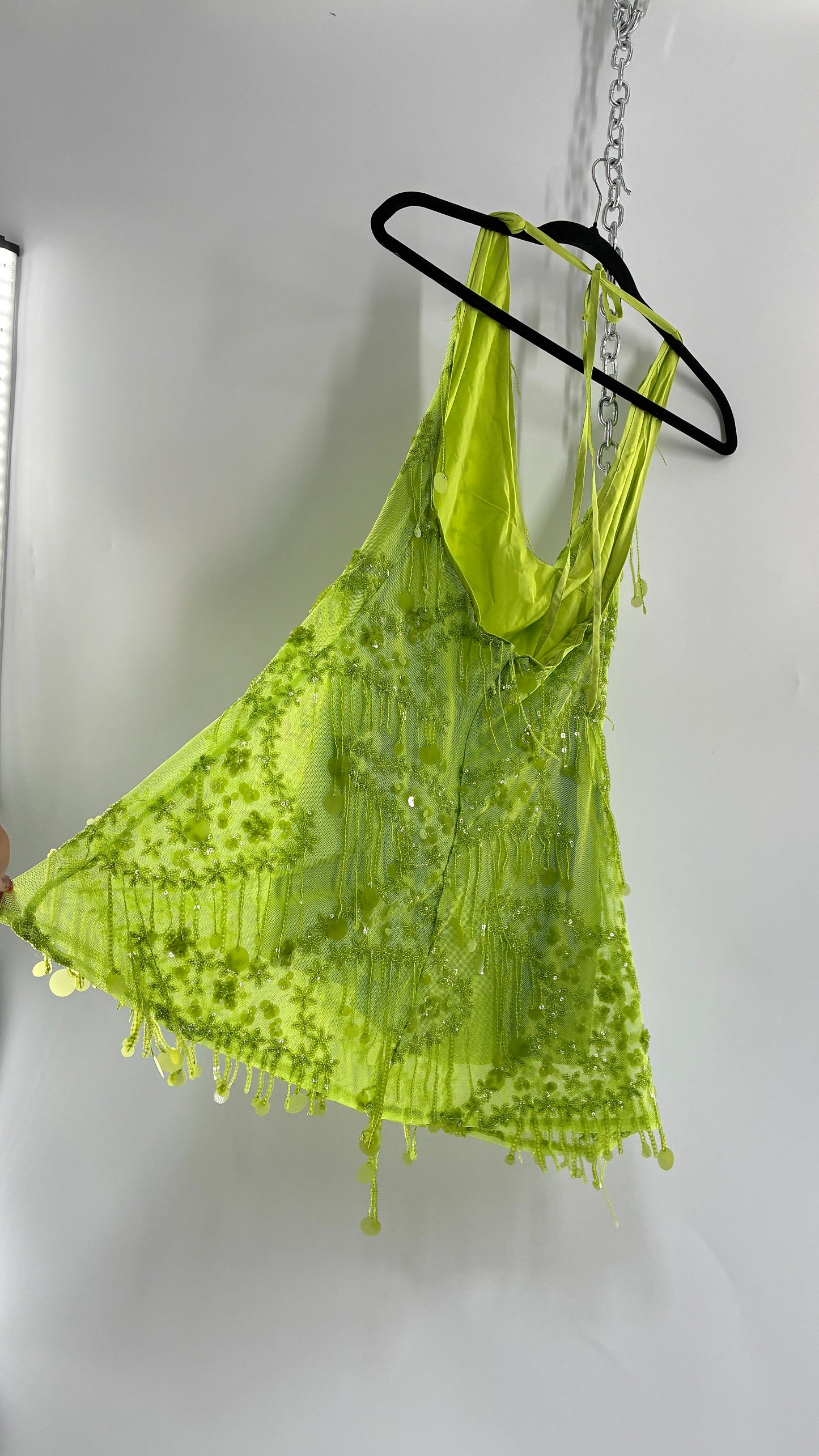 Green Beaded Backless Mini Dress (Small)
