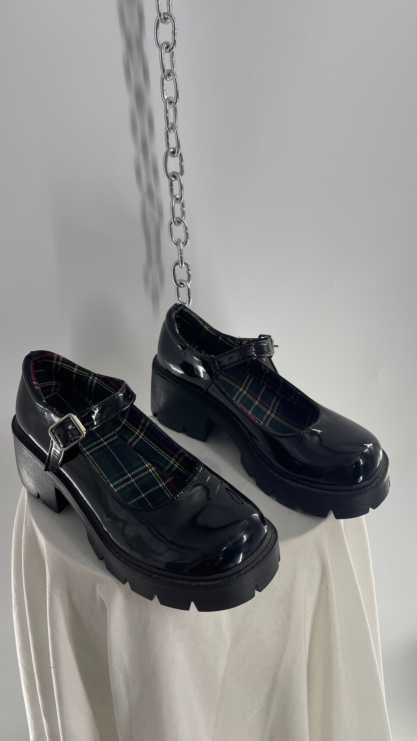 Black Patent Mary Janes with Chunky Platform and Plaid Lining (8)