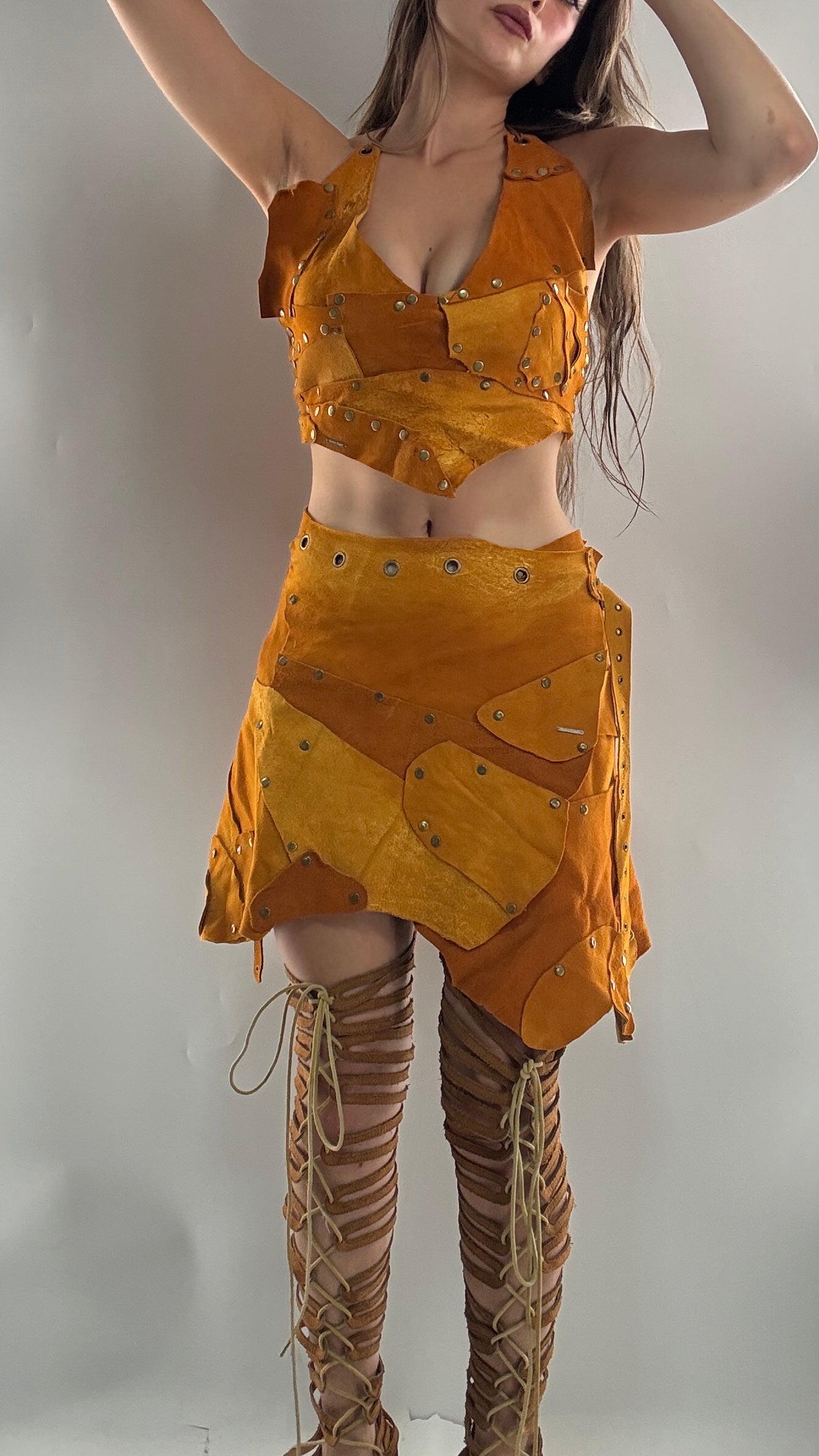 Handmade 1 of 1 and Pressed Genuine Suede and Pebbled Leather Reversible Corset Top and Grommet Skirt Set (XS-M)