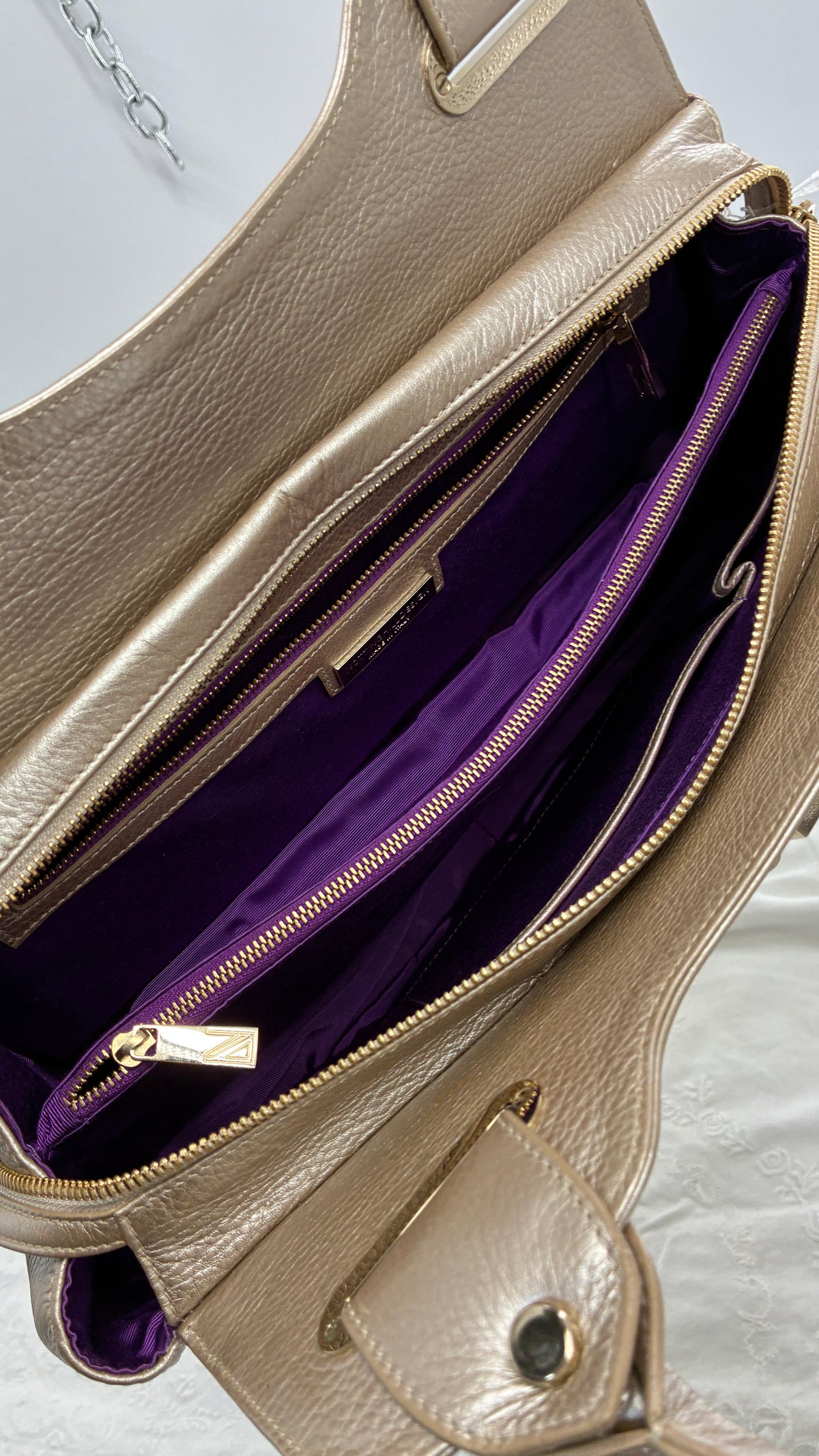 Vintage NOTTINGHILL DESIGNS Westbourne Metallic Champagne Genuine Leather Pocketed Bag with Exaggerated Hardware As Seen on Gossip Girl