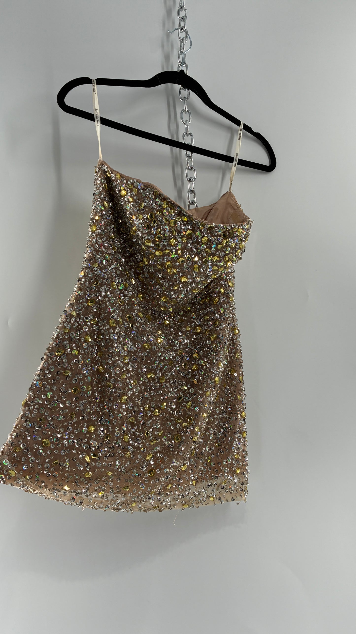 Vintage SHERRI HILL Nude Tan Underlay Mini Dress, Full Bedazzled and Covered in Beads  (6)