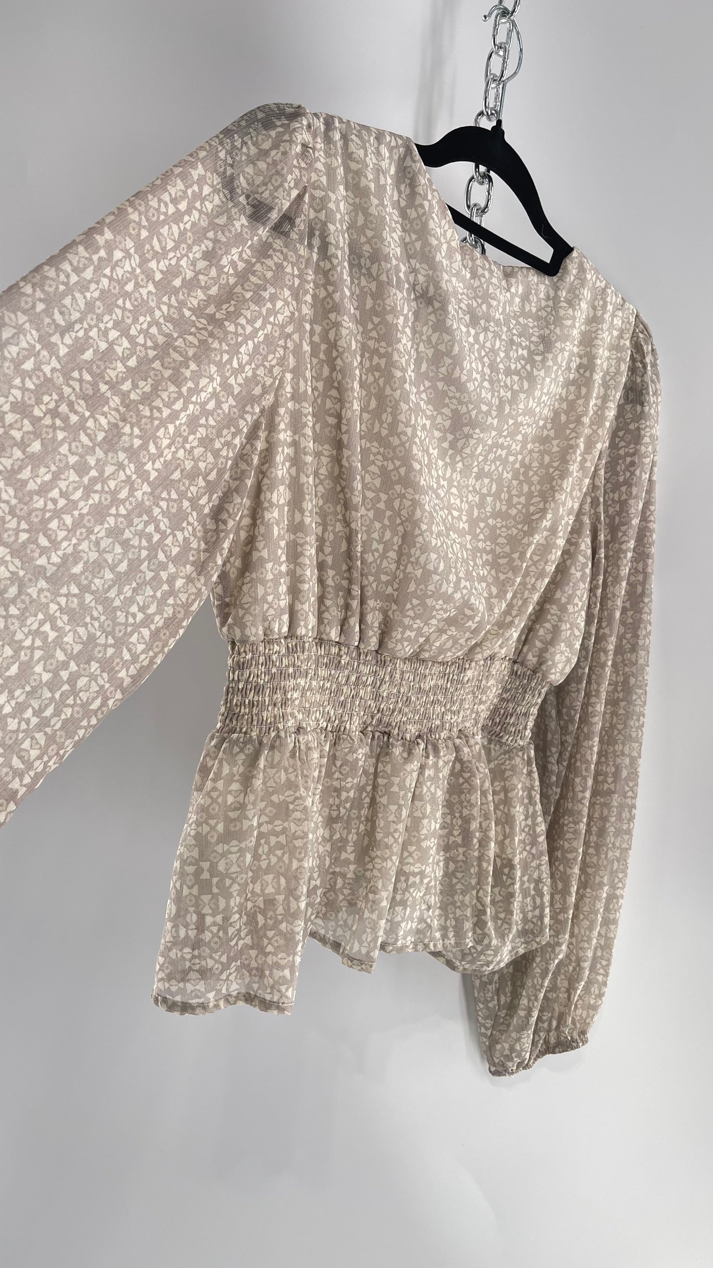 Anthropologie Light Gray Glitter/Shimmer Balloon Sleeve, Smocked Waist, Button Front Blouse (Large)