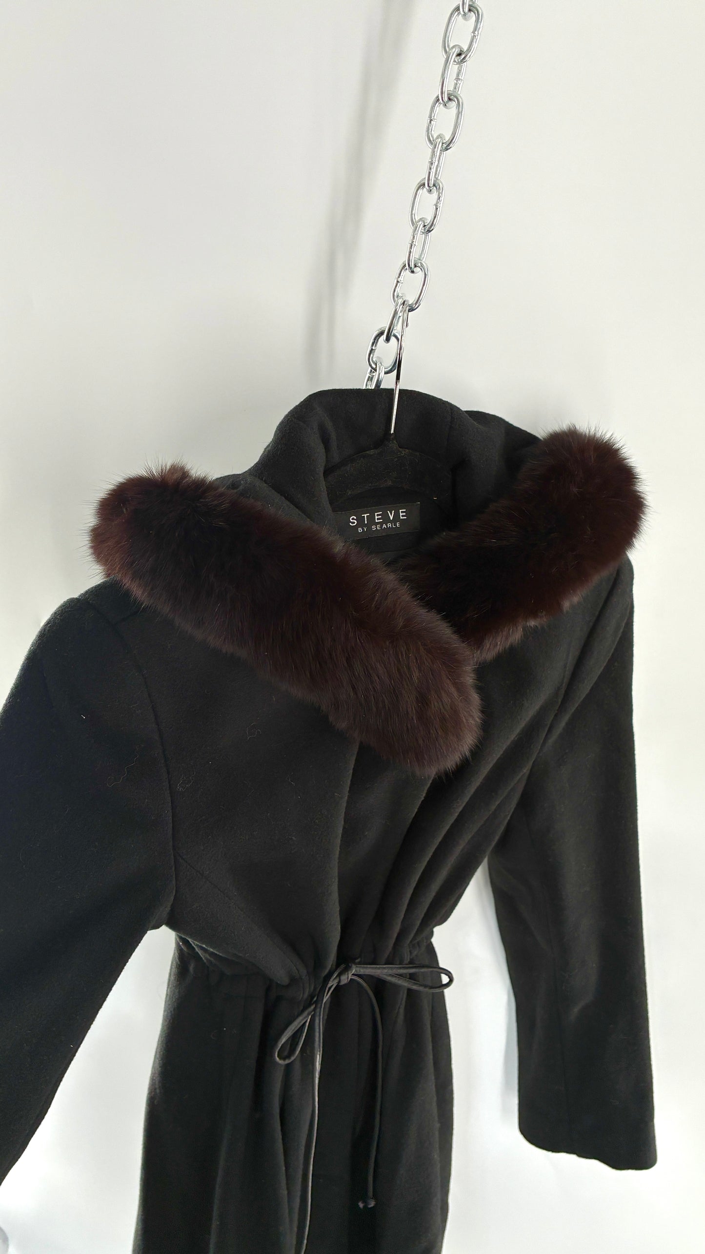 Vintage STEVE by SEARLE Cashmere Blend Coat with Underbust Tie and Fur Hood