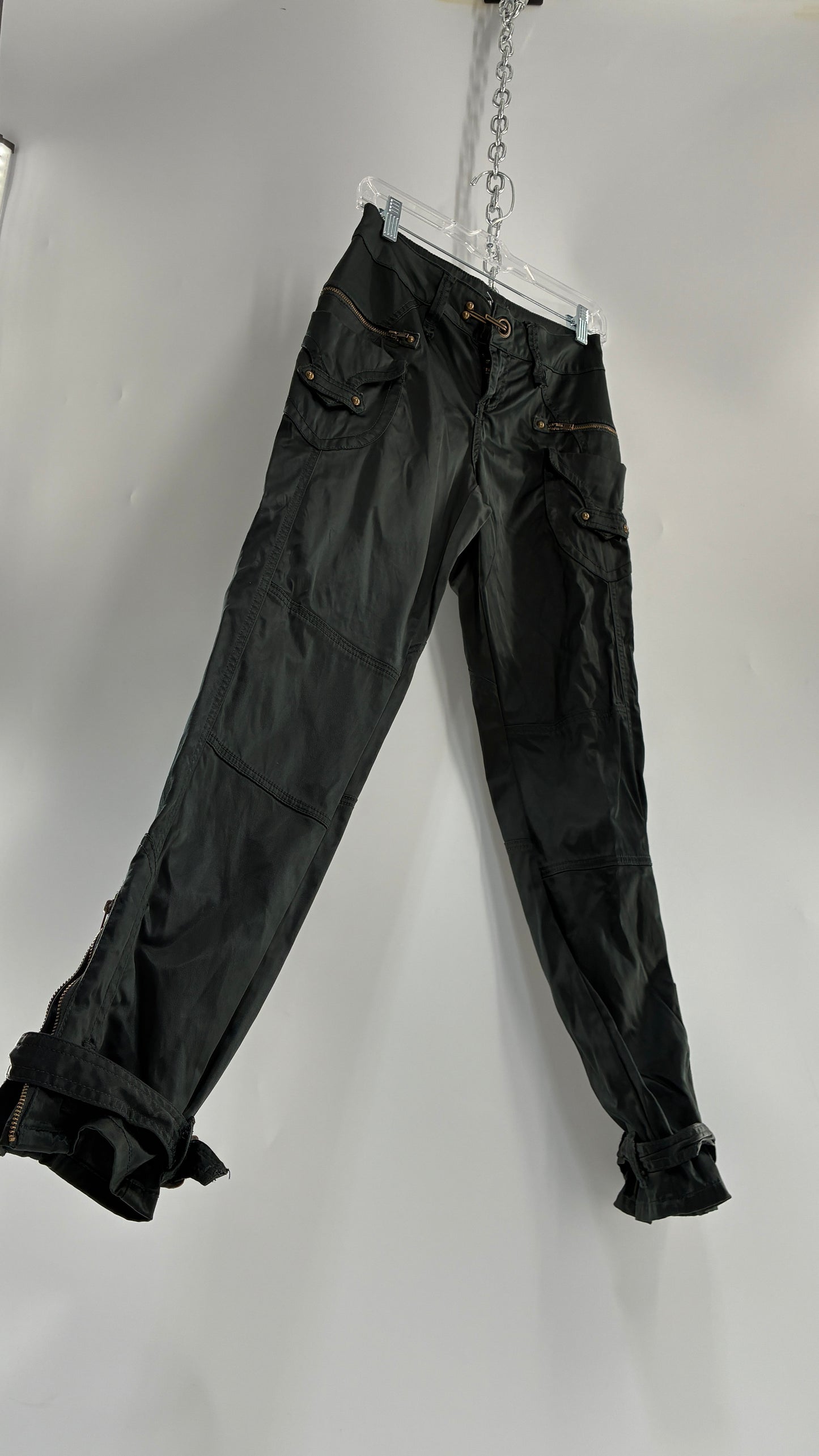 Vintage SUPERSTAR Shiny Low Rise Black Cargos with Heavy Brass Hardware, Zippers and Closure (36)