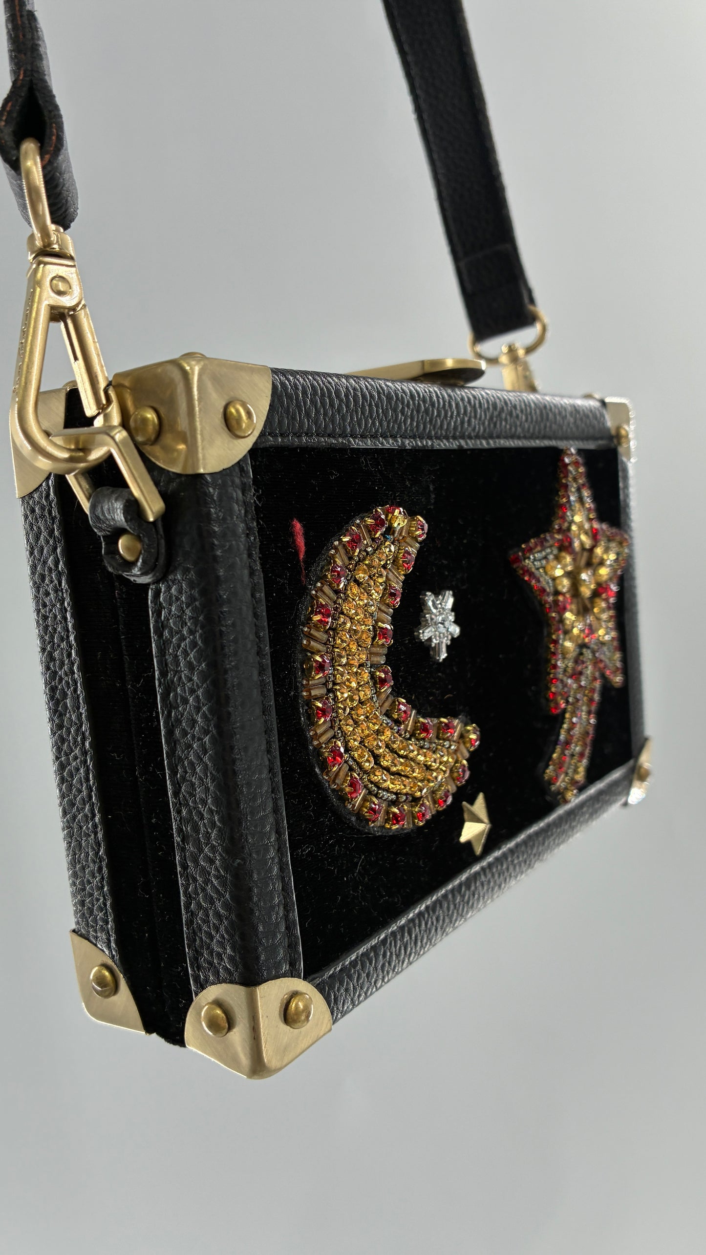Vintage Sam Edelman Black Leather and Velour Box Case Purse with Gold Hardware and Celestial Beading