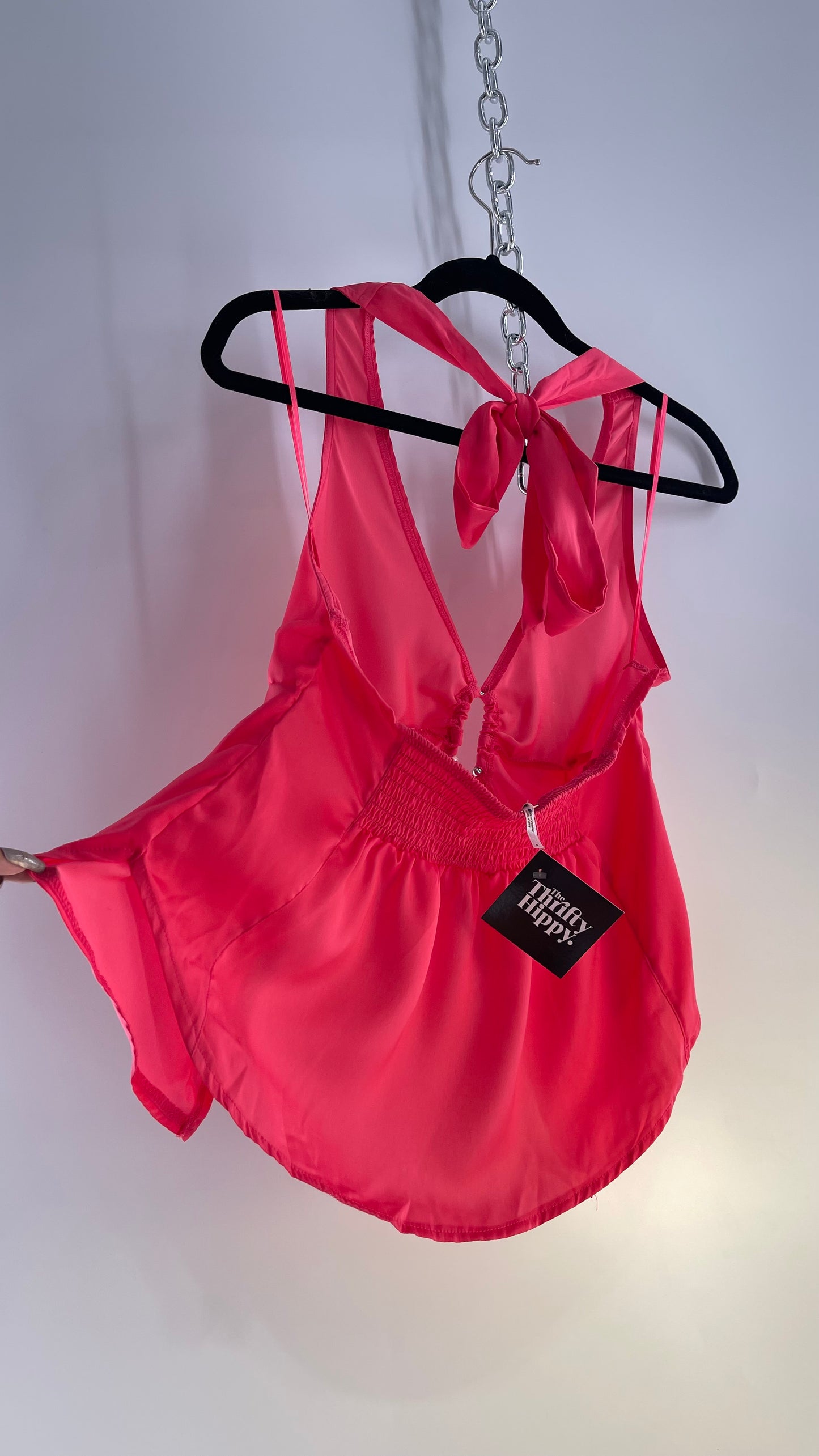 Free People Hot Pink Silky Vented Halter with Silver Metal Bust Detail (Small)